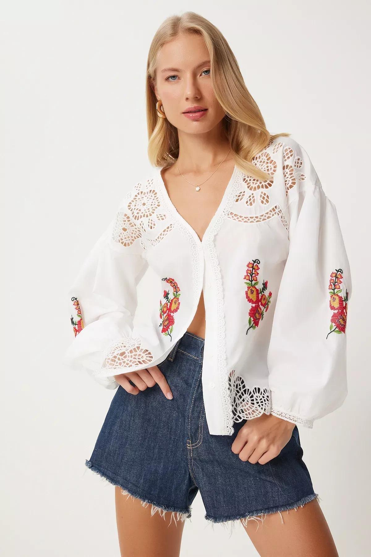 Beige Openwork Embroidered Woven Shirt, , large image number 1