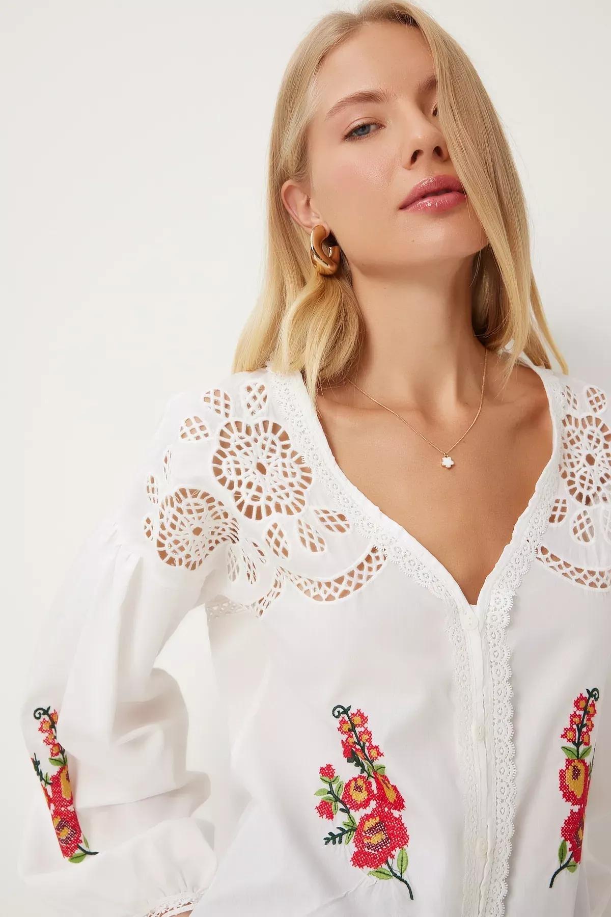 Beige Openwork Embroidered Woven Shirt, , large image number 3