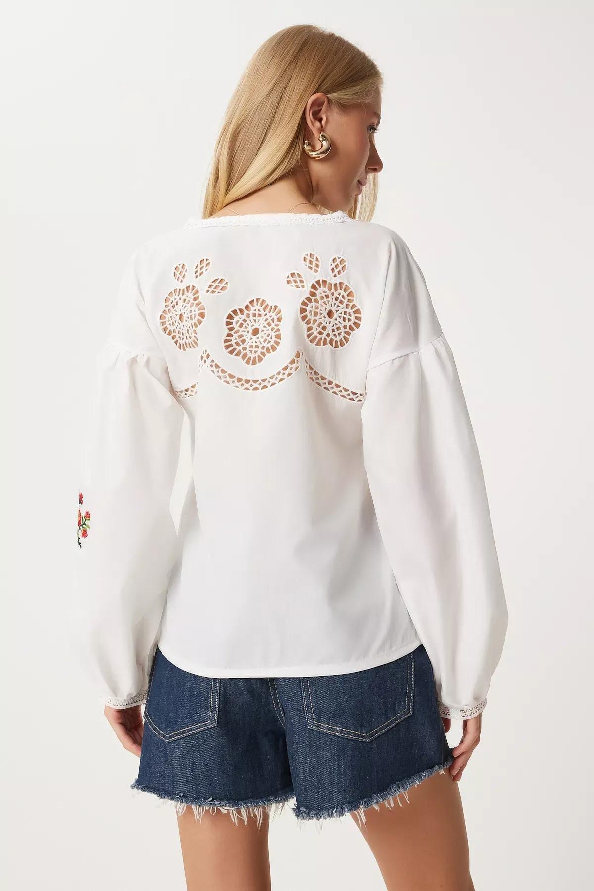 Beige Openwork Embroidered Woven Shirt, , large image number 4