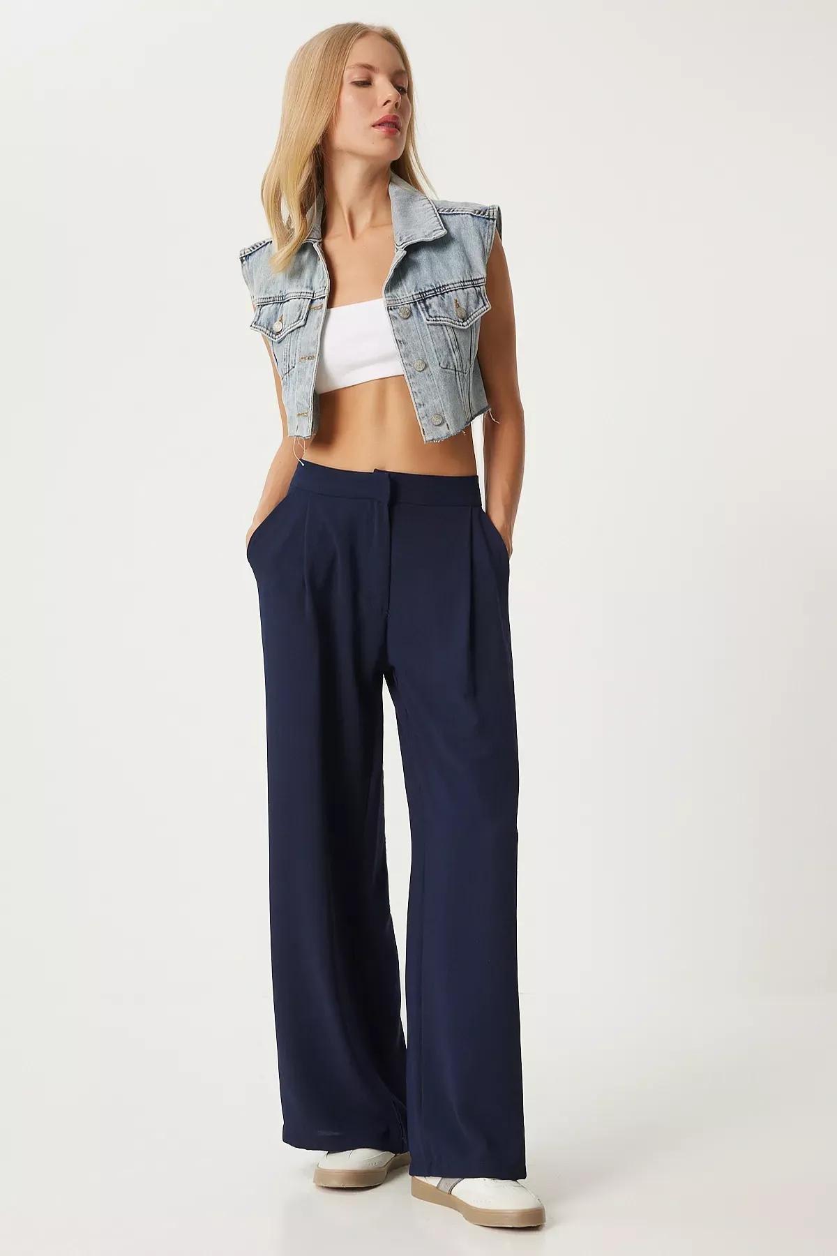 Navy Pleated Palazzo Trousers, , large image number 0