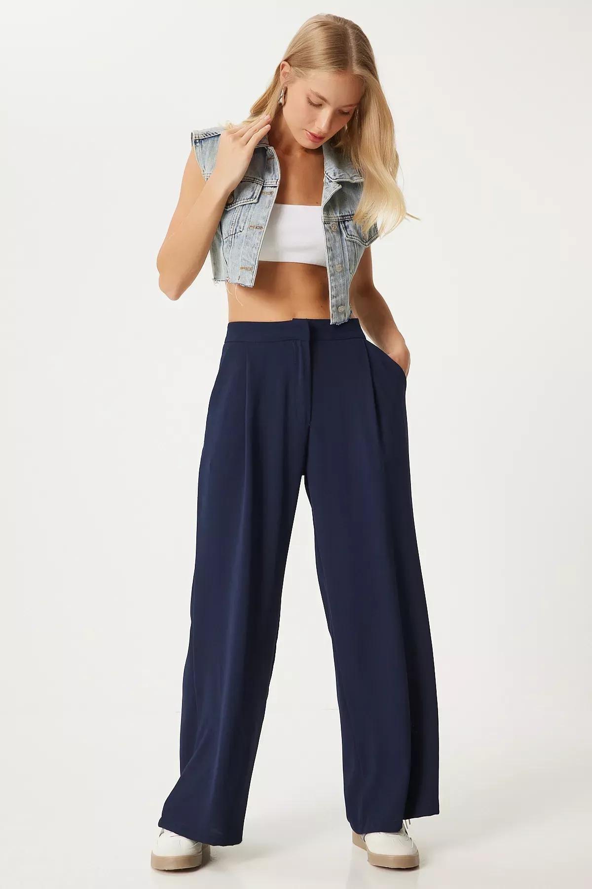 Navy Pleated Palazzo Trousers, , large image number 1