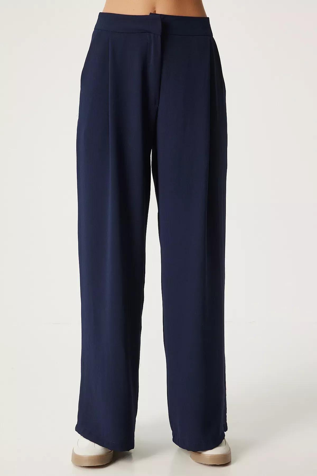 Navy Pleated Palazzo Trousers, , large image number 2