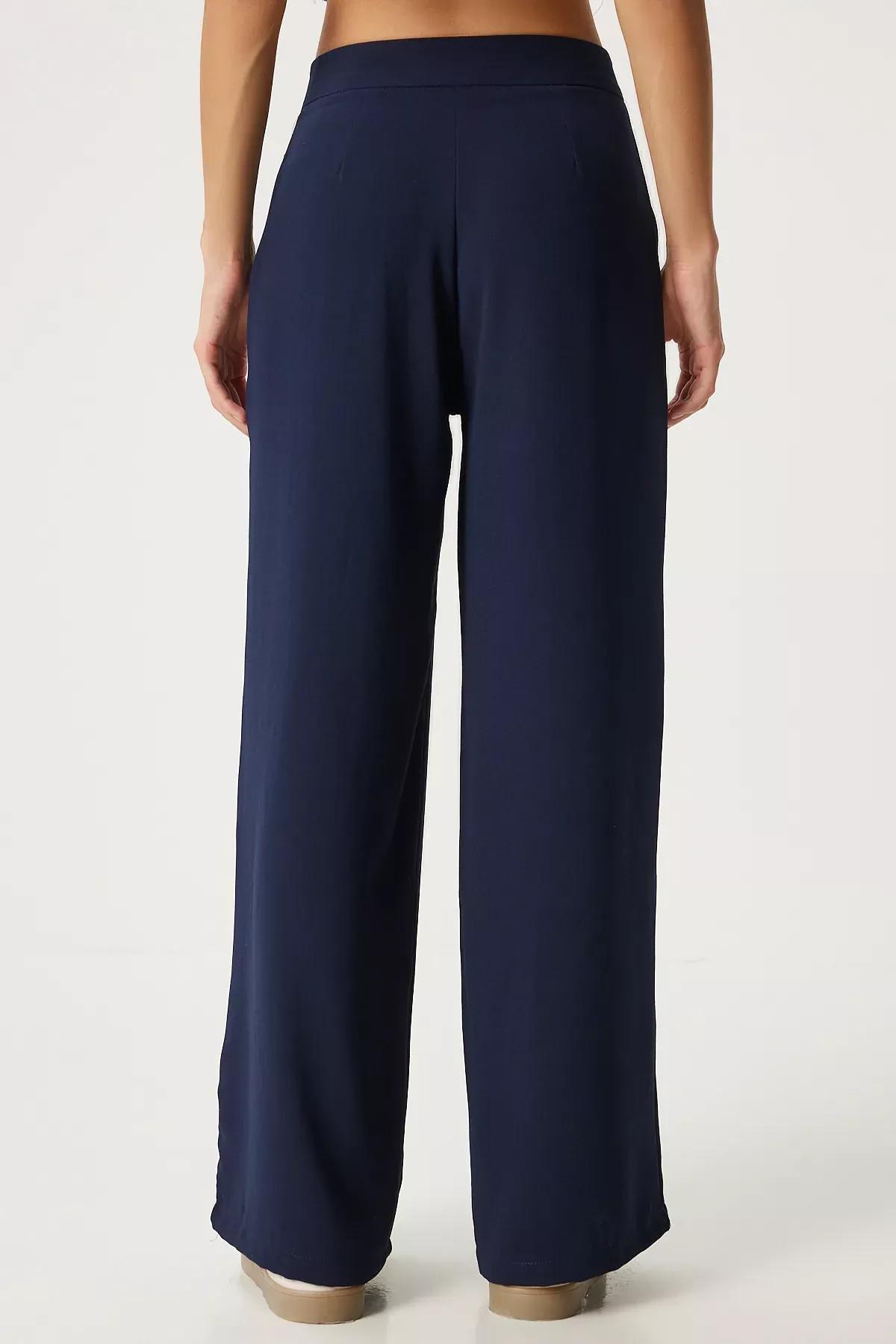 Navy Pleated Palazzo Trousers, , large image number 4
