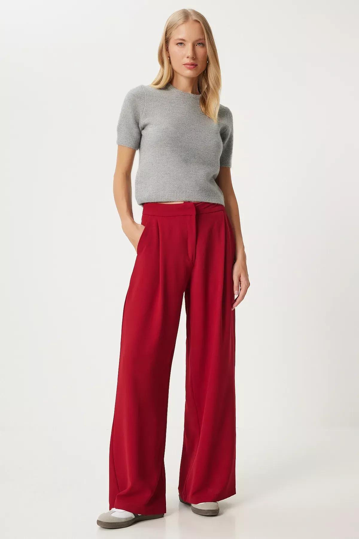 Red Pleated Woven Palazzo Pants, , large image number 0