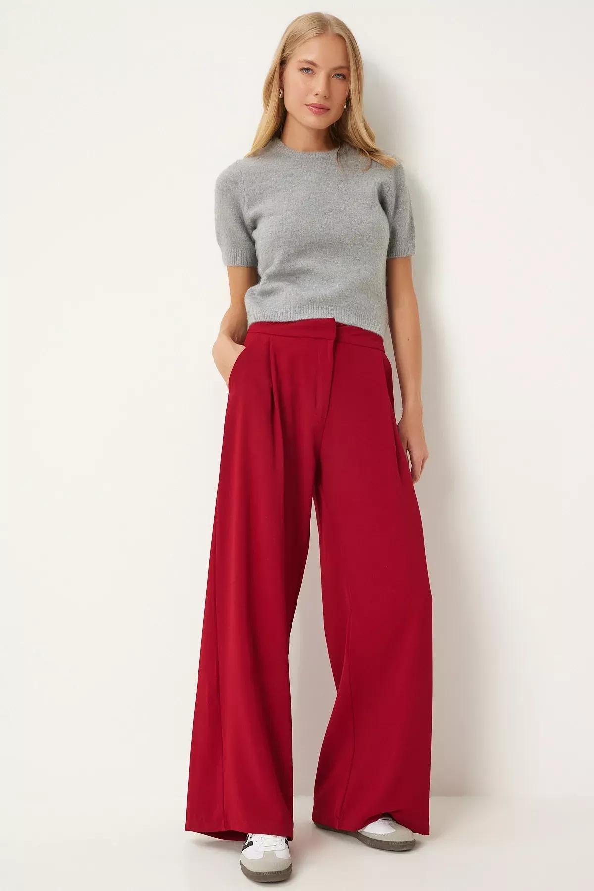 Red Pleated Woven Palazzo Pants, , large image number 1