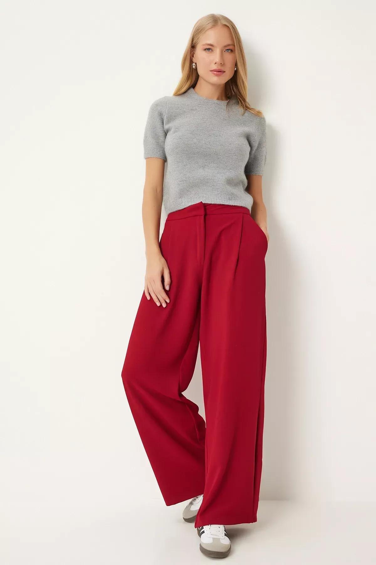 Red Pleated Woven Palazzo Pants, , large image number 2