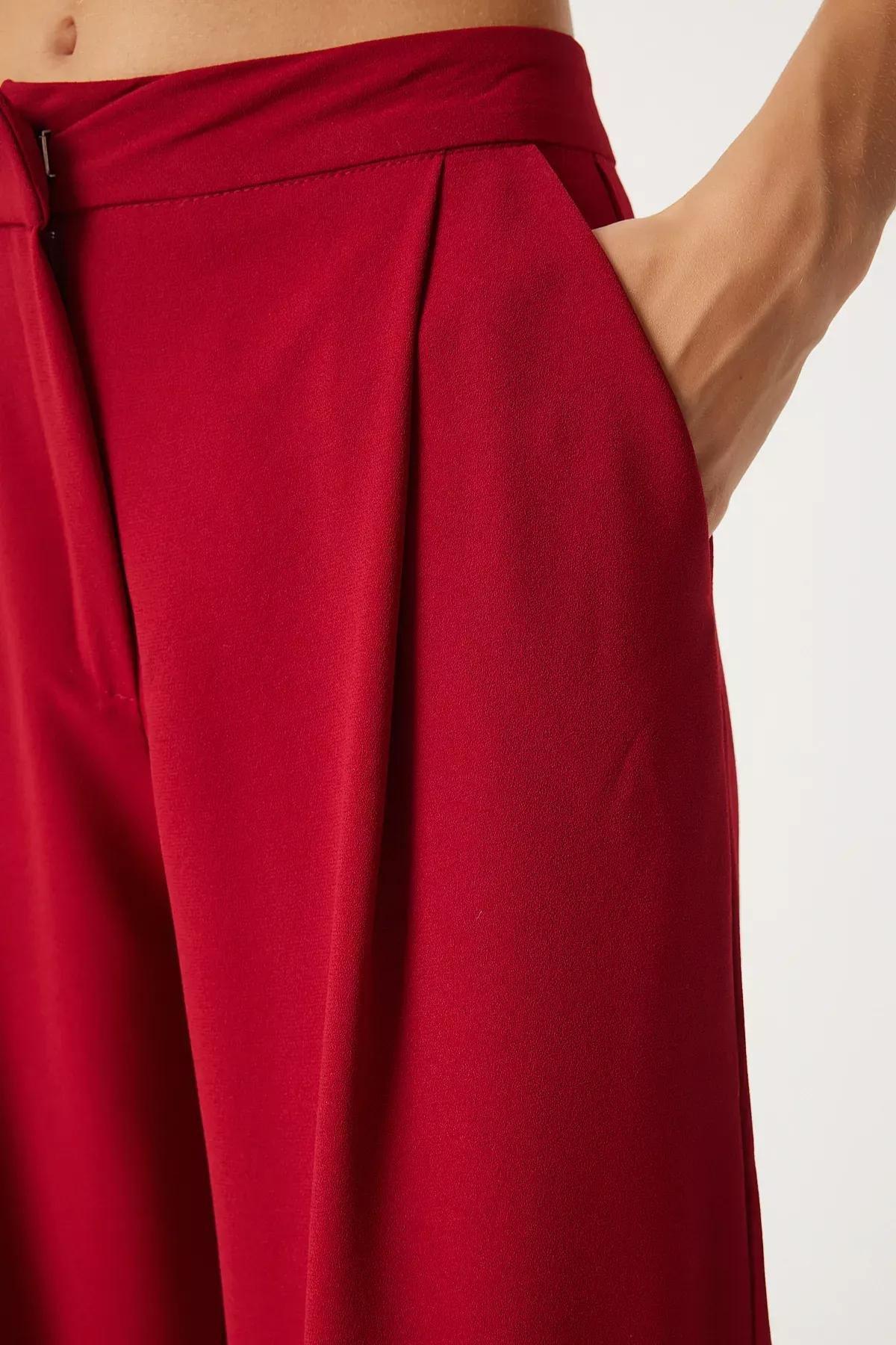 Red Pleated Woven Palazzo Pants, , large image number 3