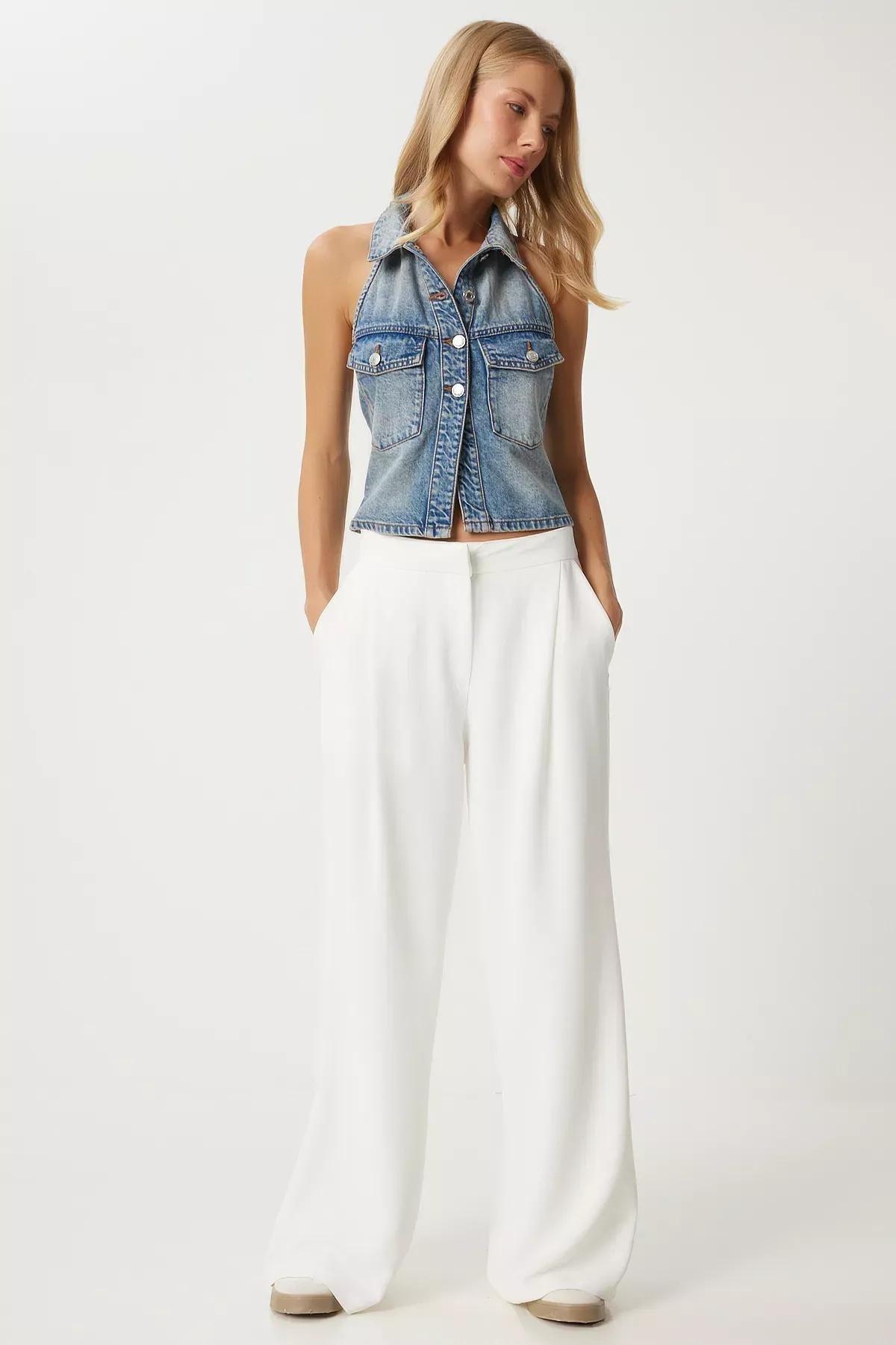 White Pleated Palazzo Pants, , large image number 0