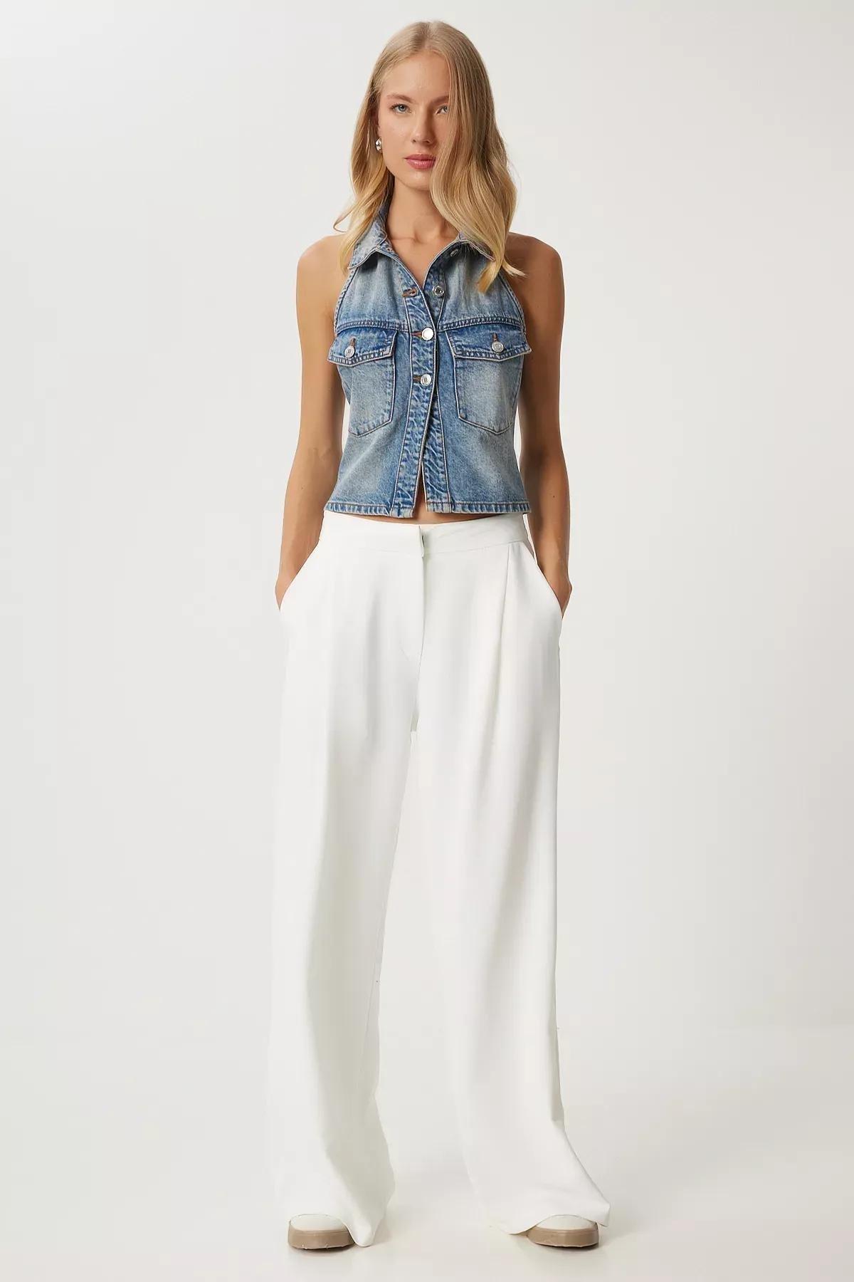 White Pleated Palazzo Pants, , large image number 1