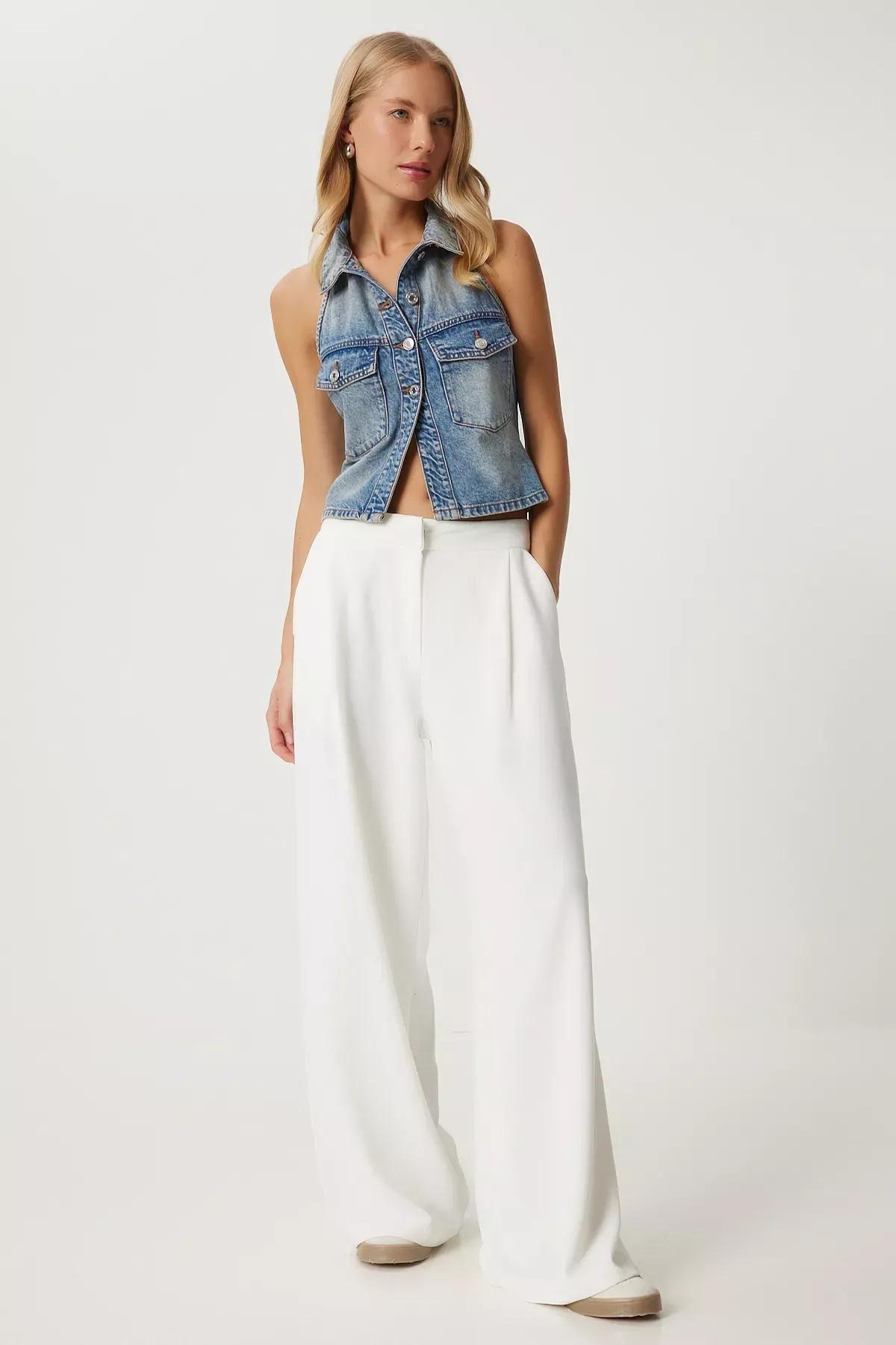White Pleated Palazzo Pants, , large image number 2