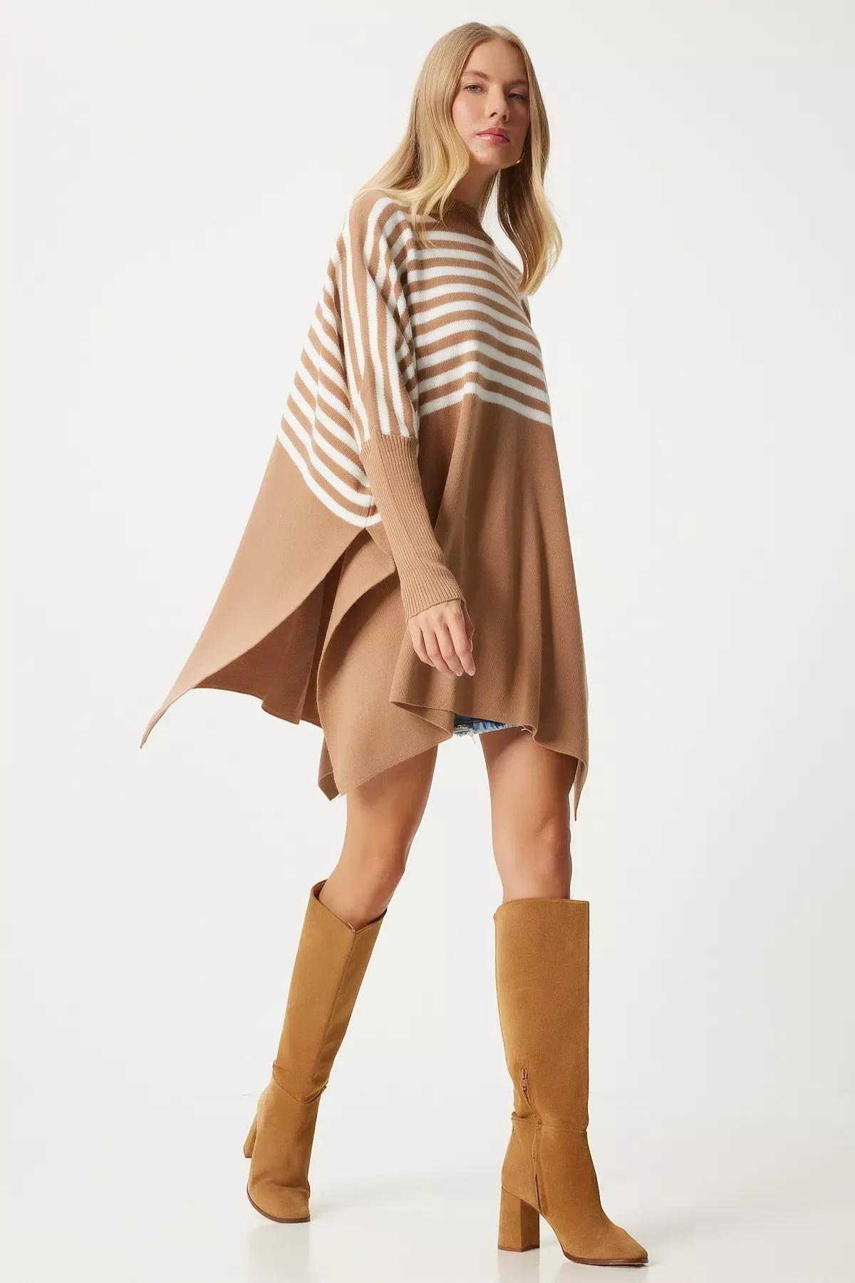 Brown Striped Oversized Poncho Sweater, BISCUIT, large image number 0