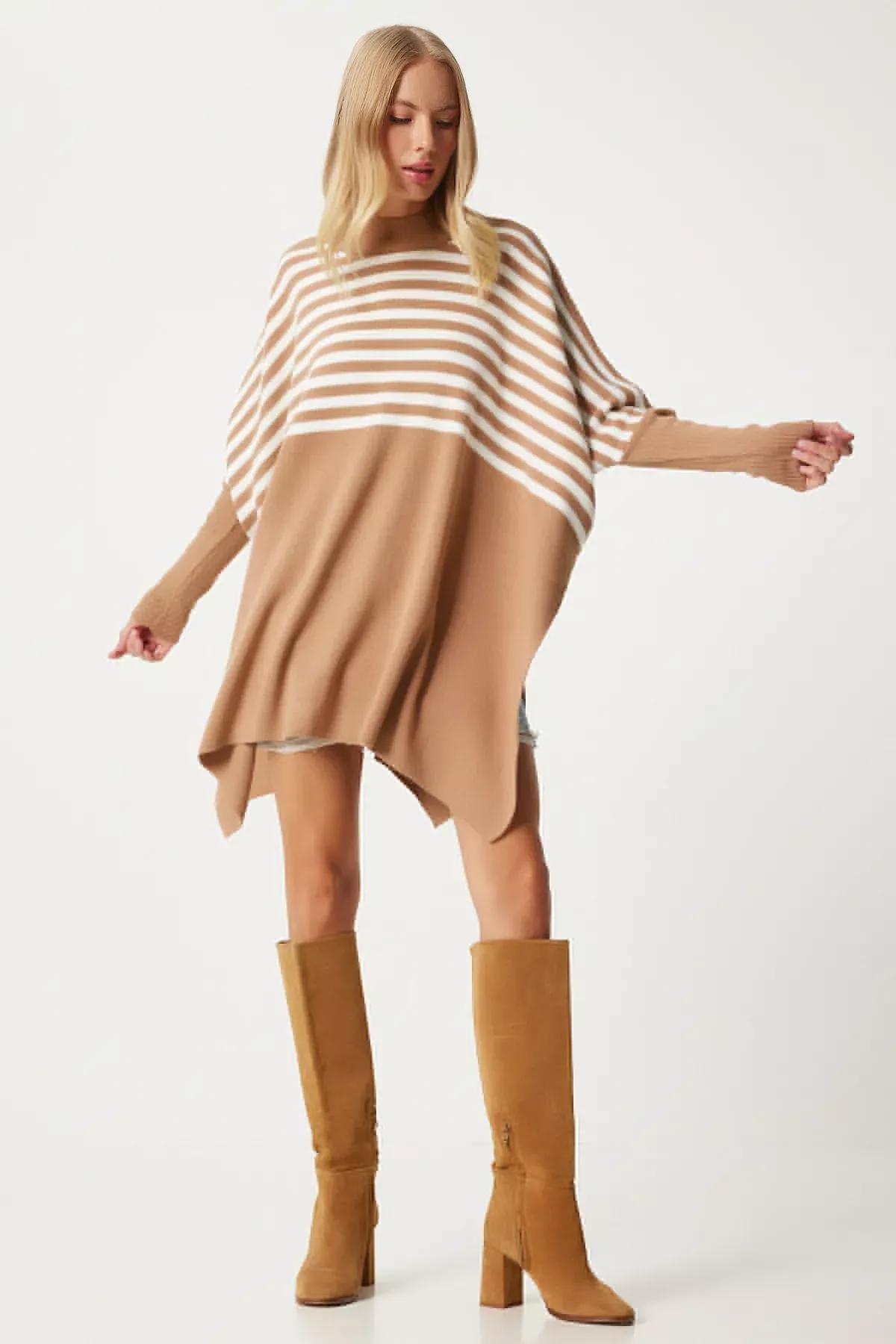 Brown Striped Oversized Poncho Sweater, BISCUIT, large image number 1