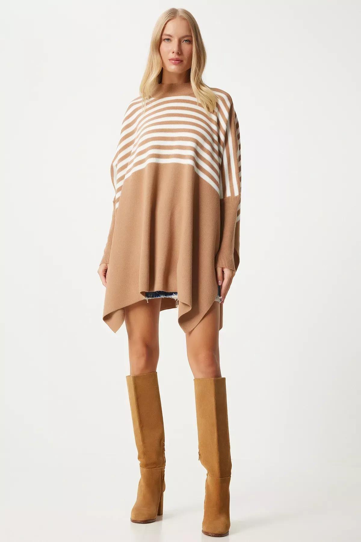 Brown Striped Oversized Poncho Sweater, BISCUIT, large image number 2
