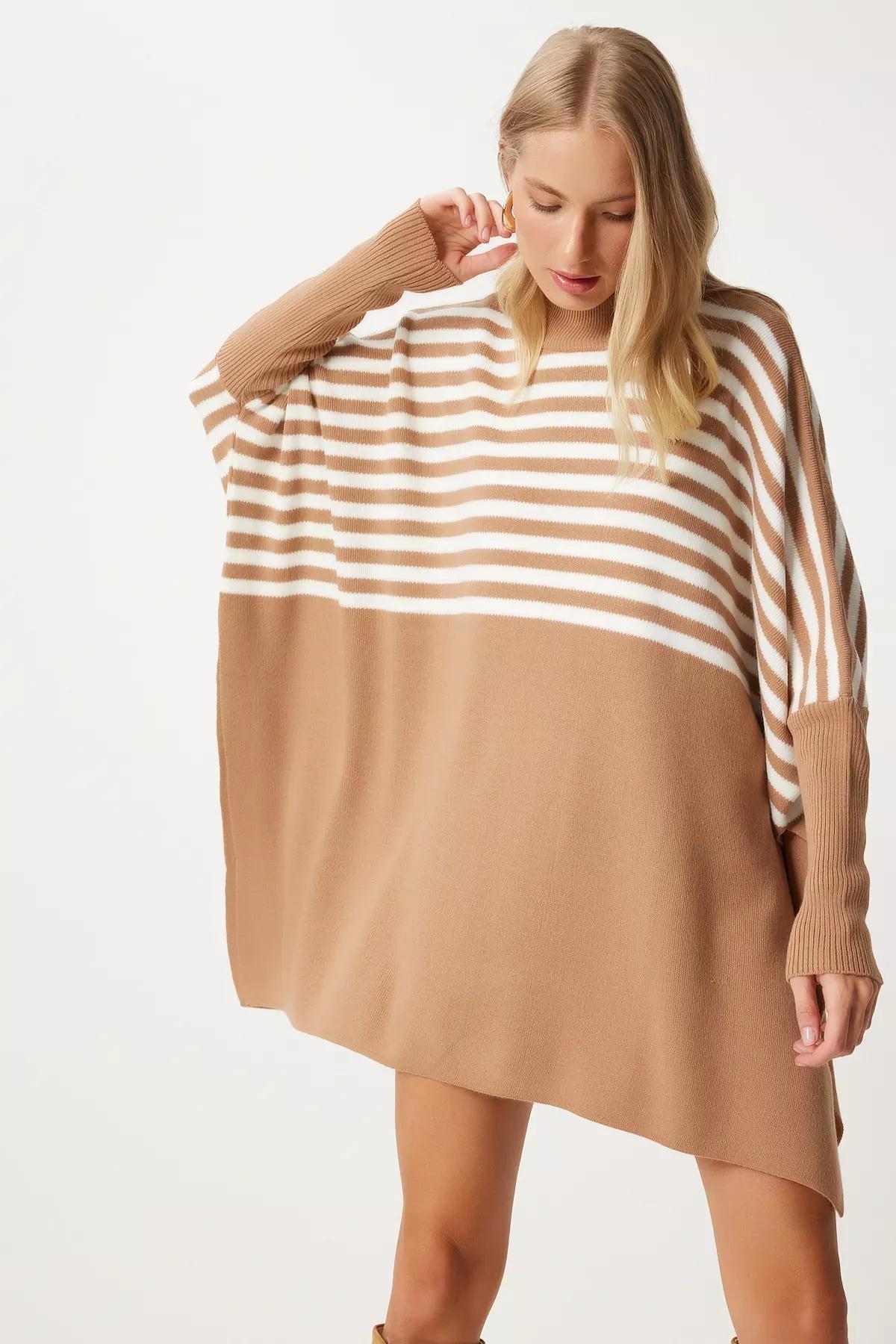 Brown Striped Oversized Poncho Sweater, BISCUIT, large image number 4