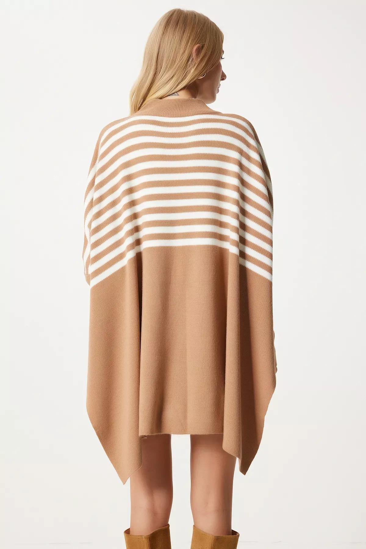 Brown Striped Oversized Poncho Sweater, BISCUIT, large image number 5