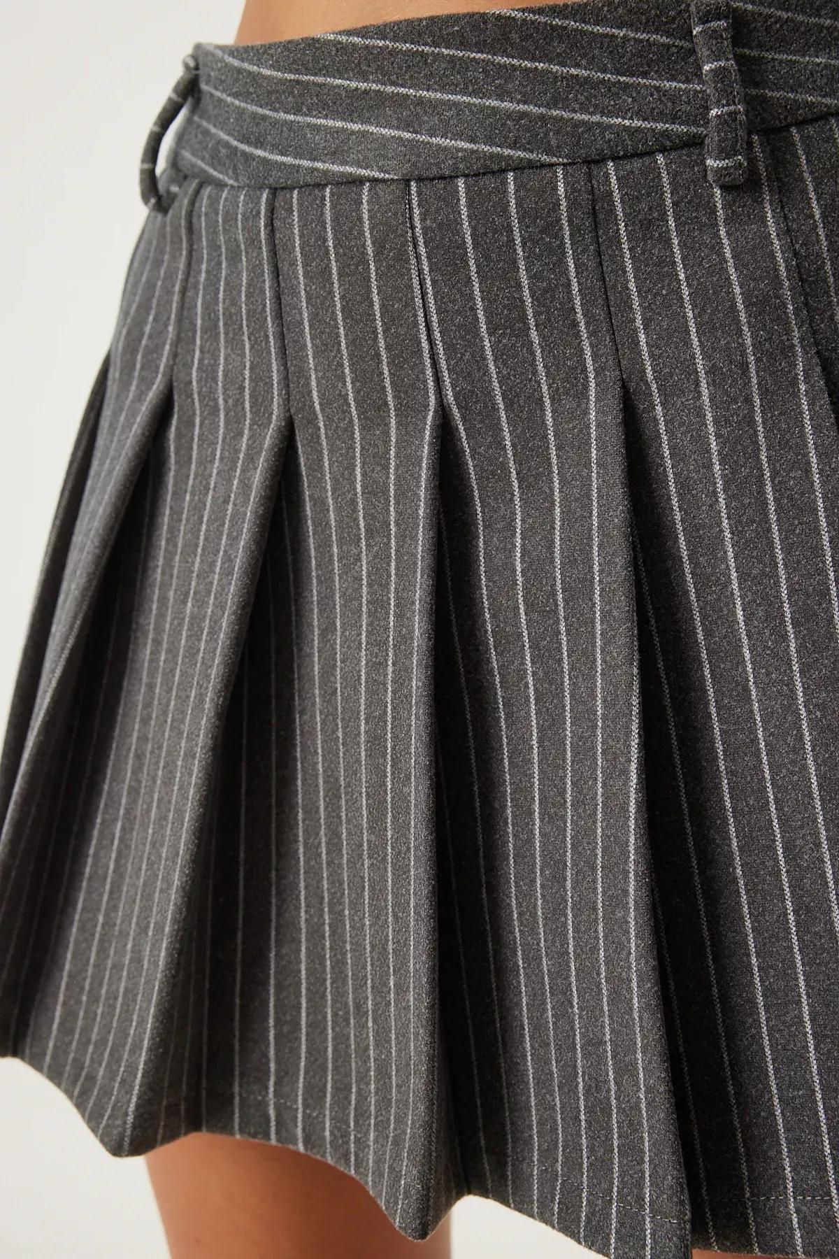 Grey Thin Striped Pleated Mini Skirt, , large image number 3