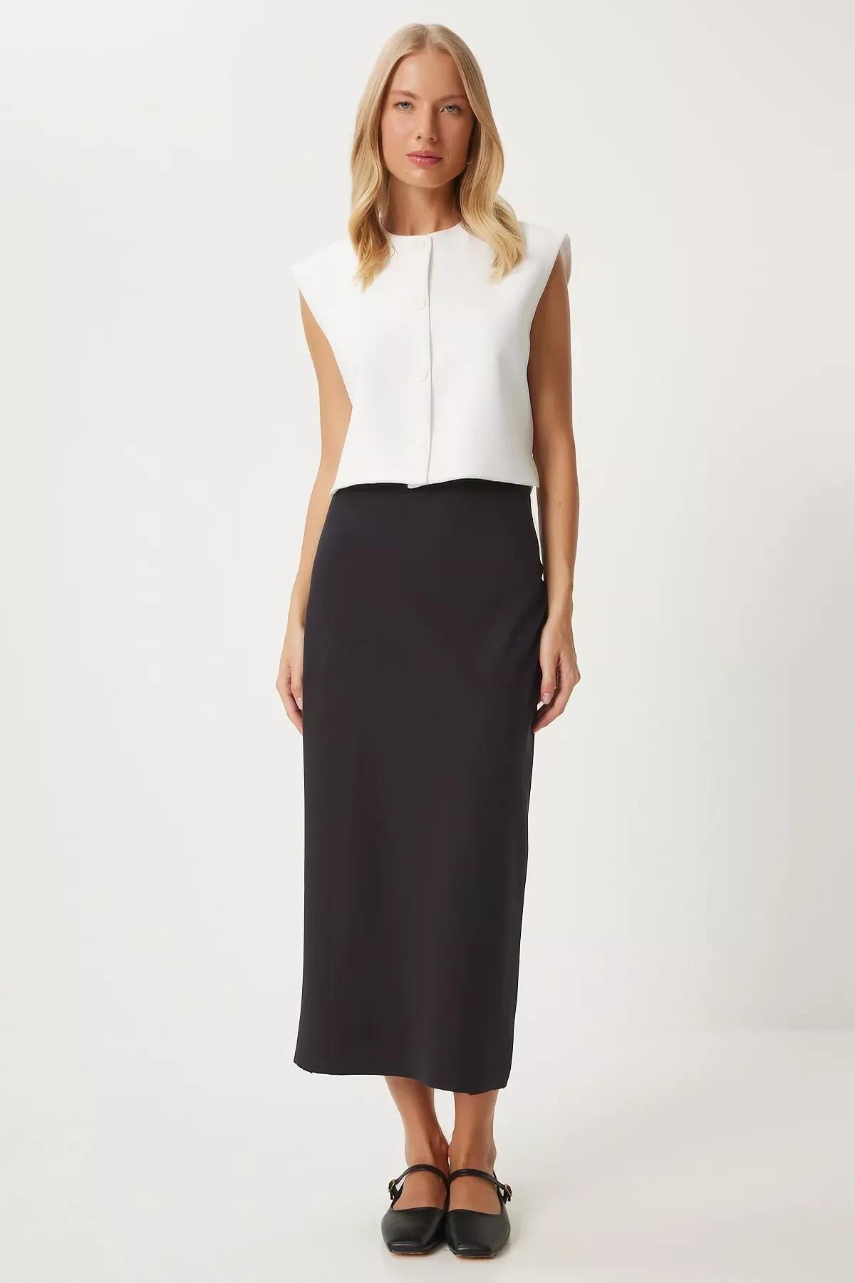 Black Slit Long Pencil Skirt, BLACK, large image number 0