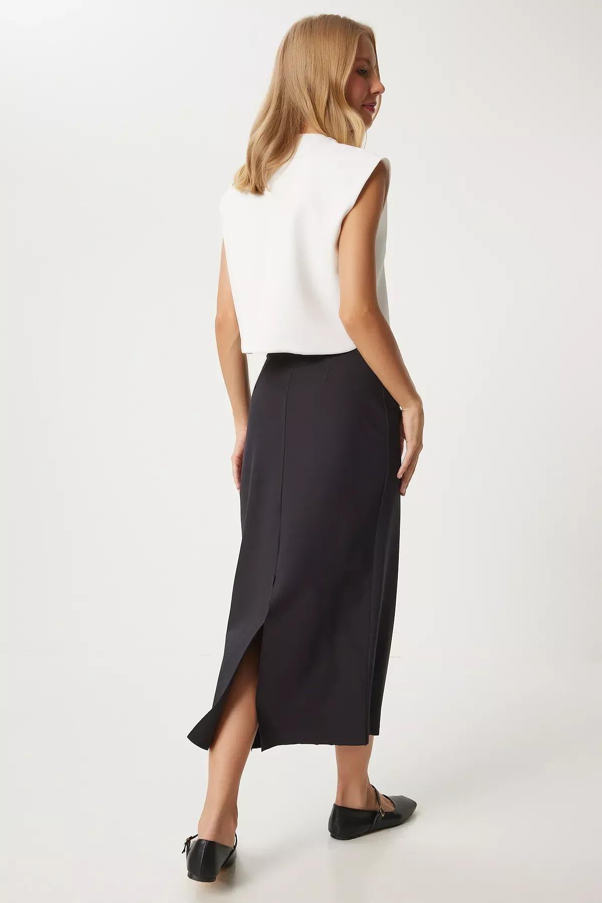 Black Slit Long Pencil Skirt, BLACK, large image number 1