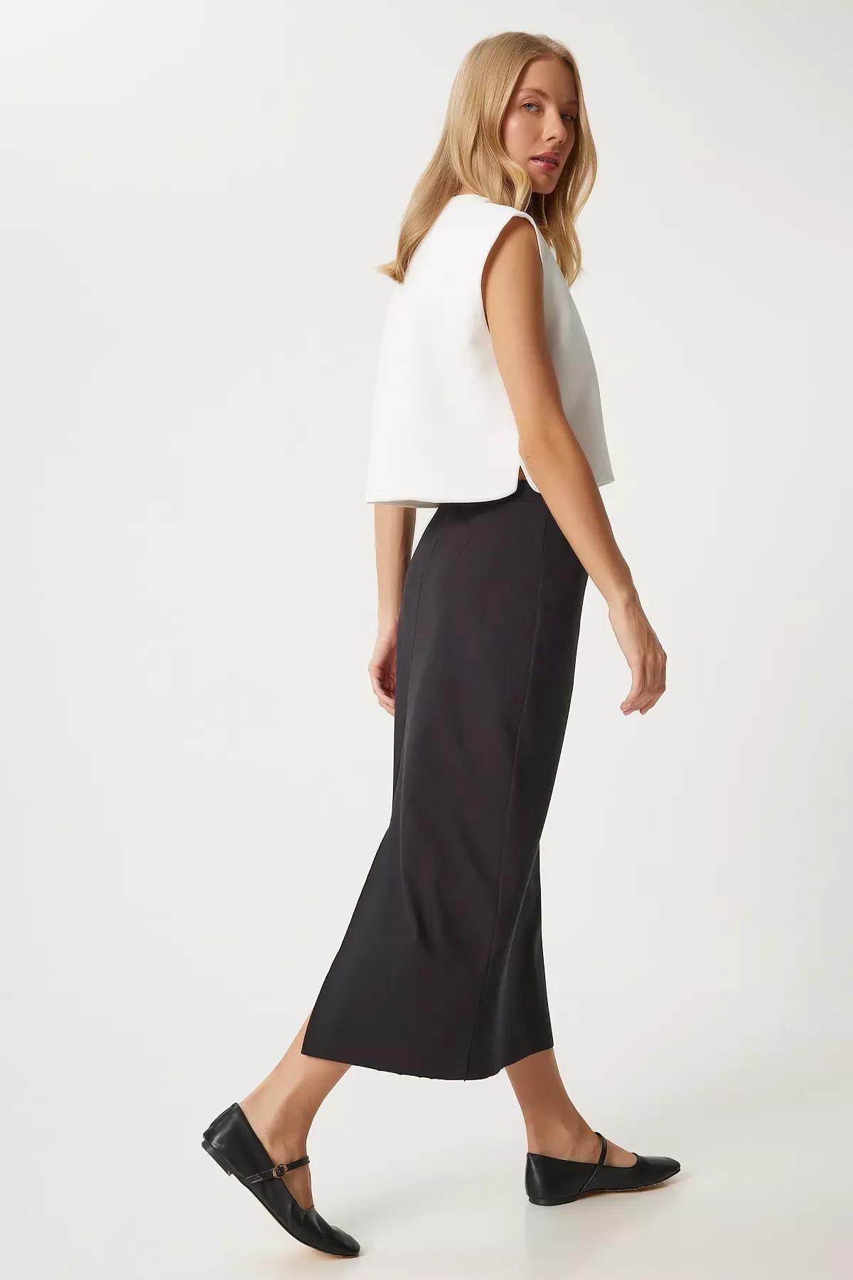 Black Slit Long Pencil Skirt, BLACK, medium