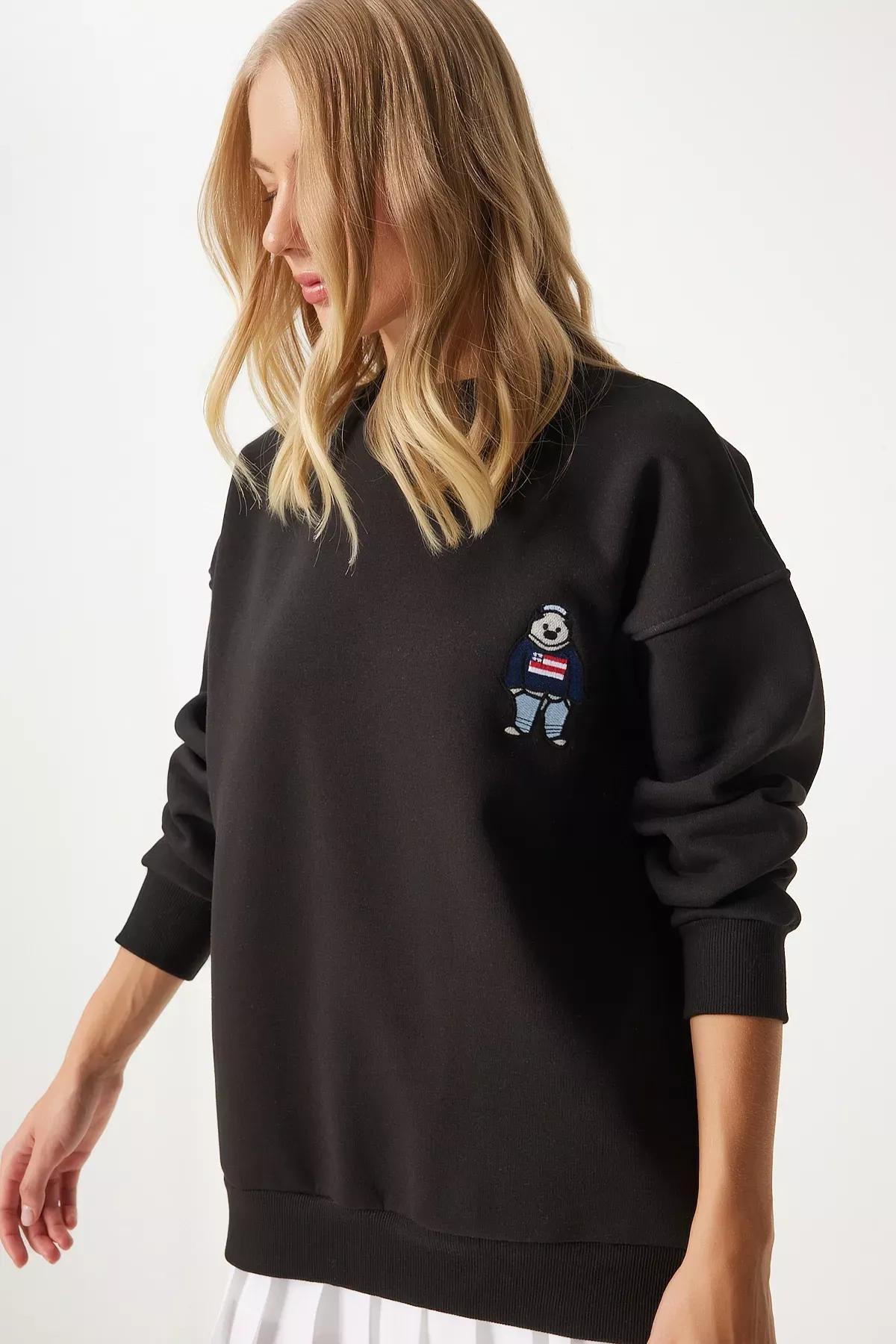 Black Embroidered Crest Raised Sweatshirt, , large image number 1