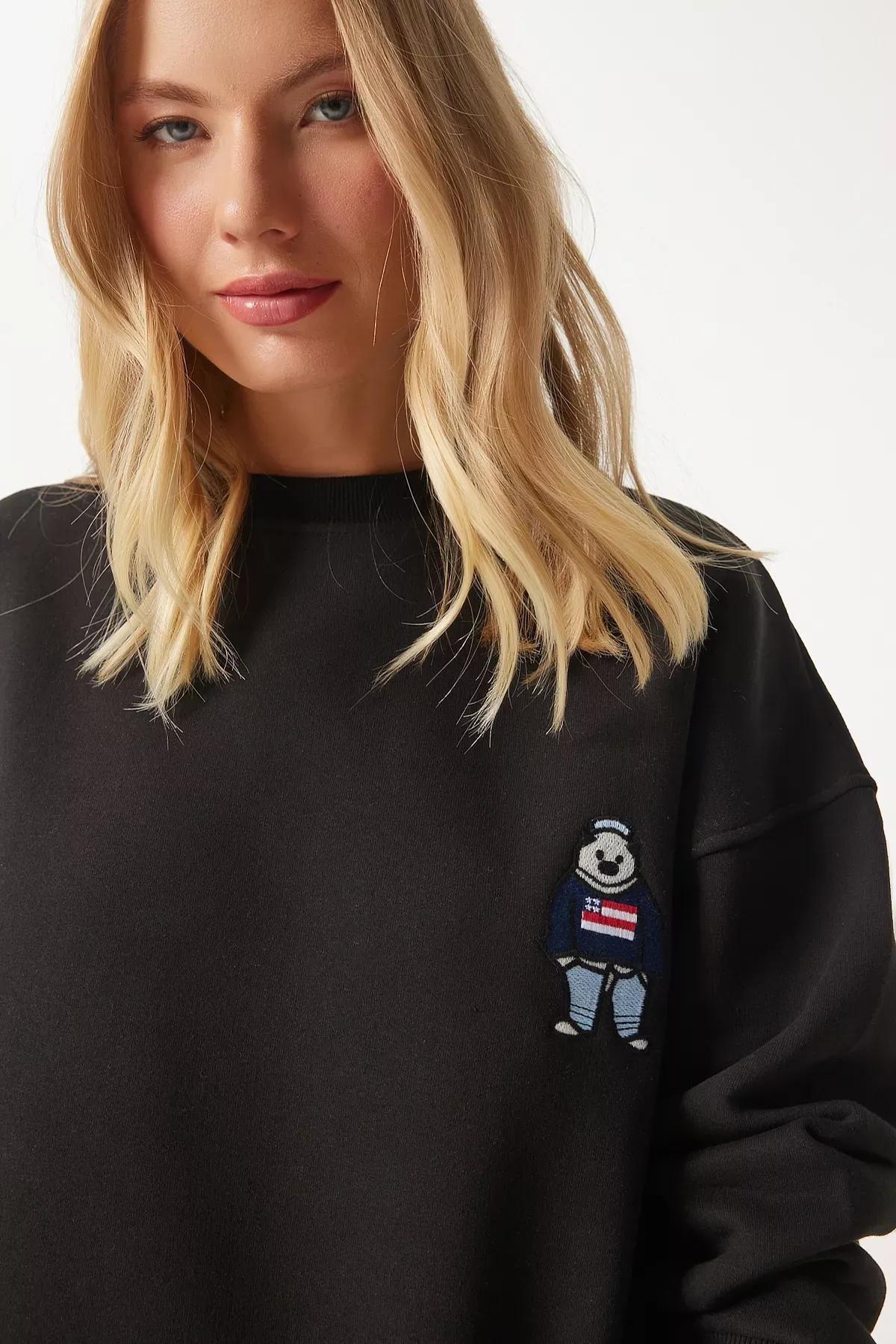Black Embroidered Crest Raised Sweatshirt, , large image number 2