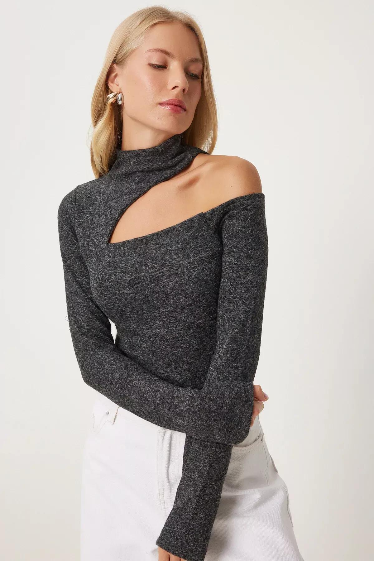 Grey Cut Out Knitted Bodysuit, , large image number 0