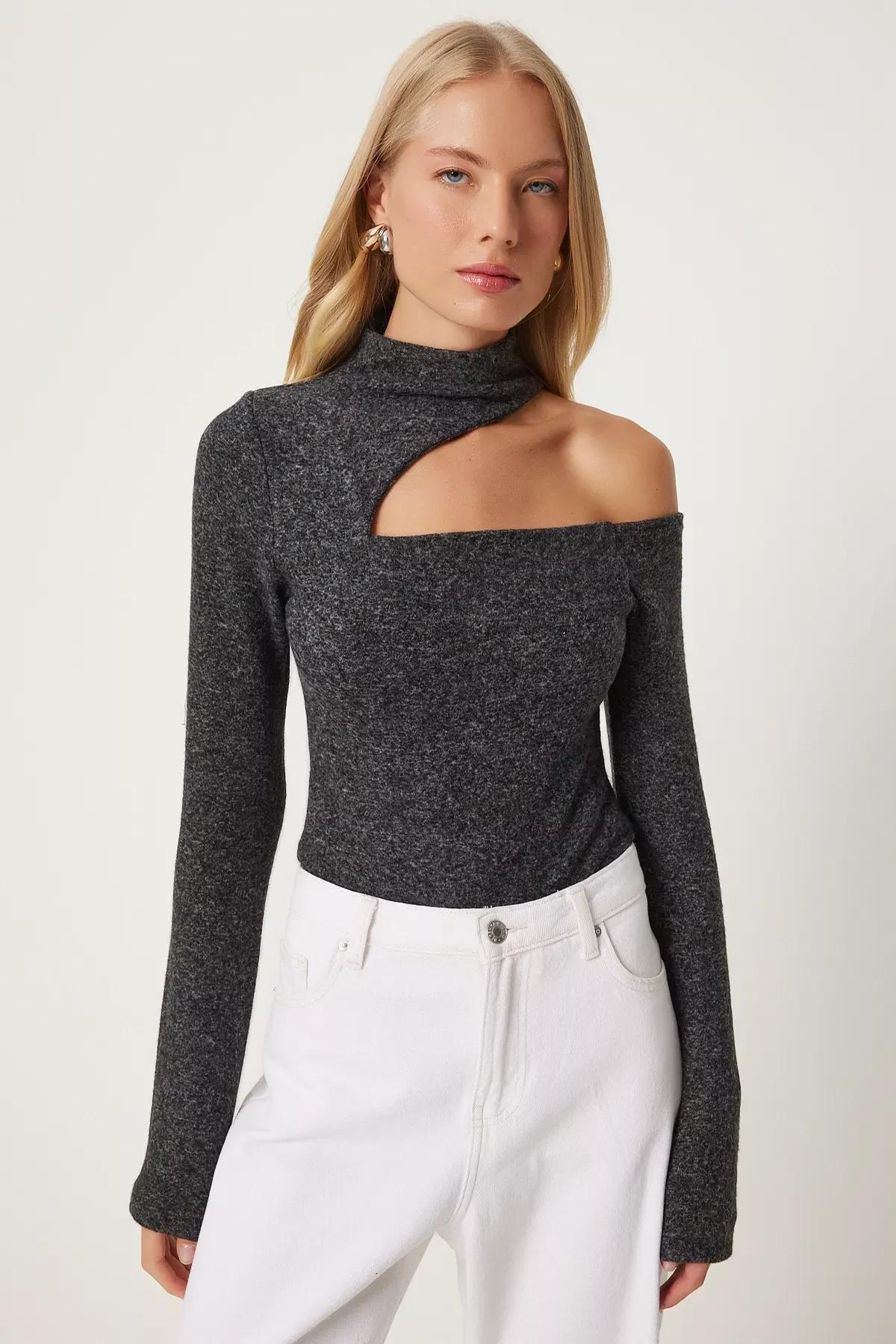 Grey Cut Out Knitted Bodysuit, , large image number 1