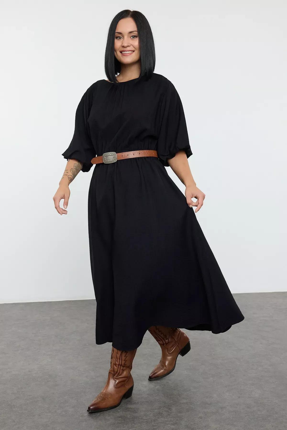 Black Textured Balloon Sleeve Midi Plus-Size Dress, , large image number 1