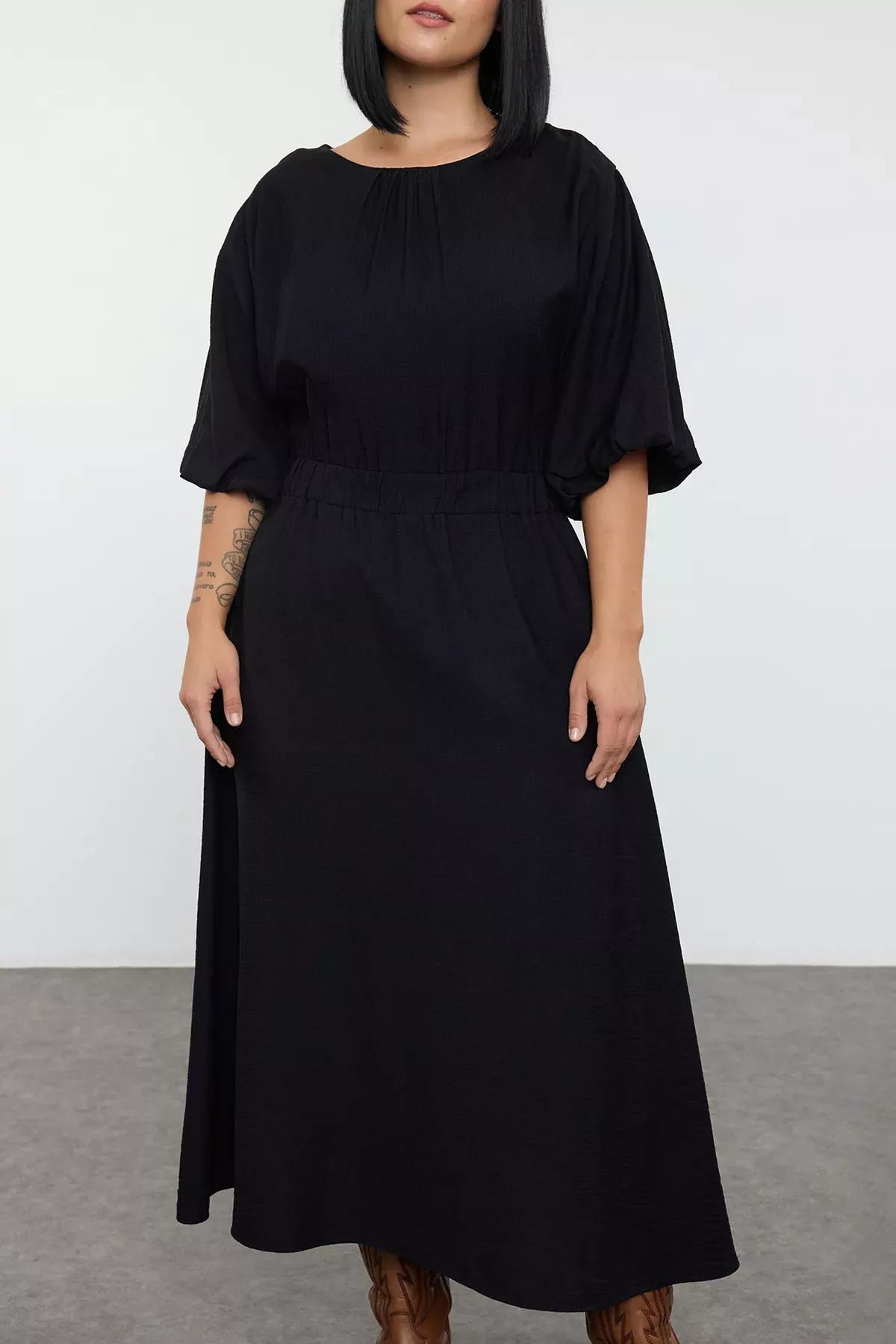 Black Textured Balloon Sleeve Midi Plus-Size Dress, , large image number 2