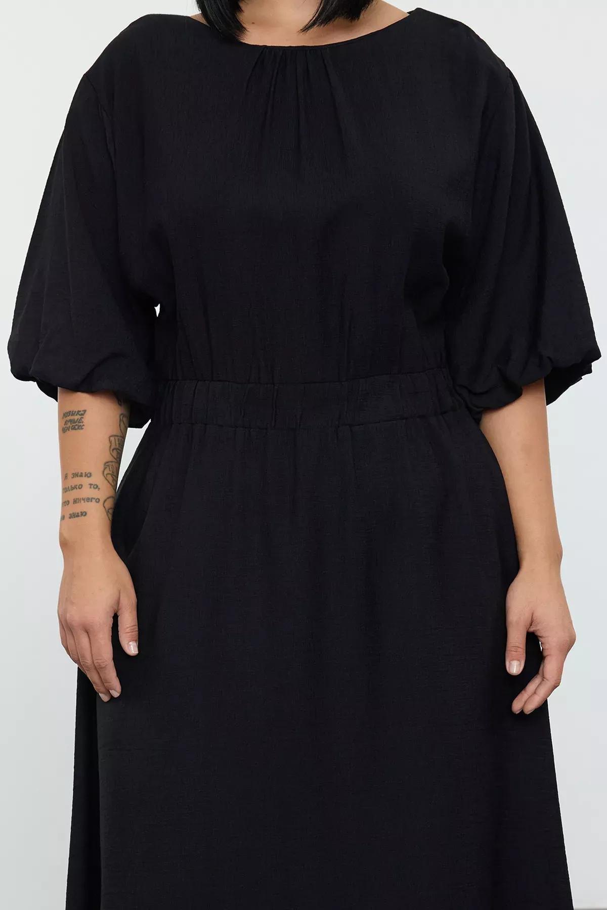 Black Textured Balloon Sleeve Midi Plus-Size Dress, , large image number 3