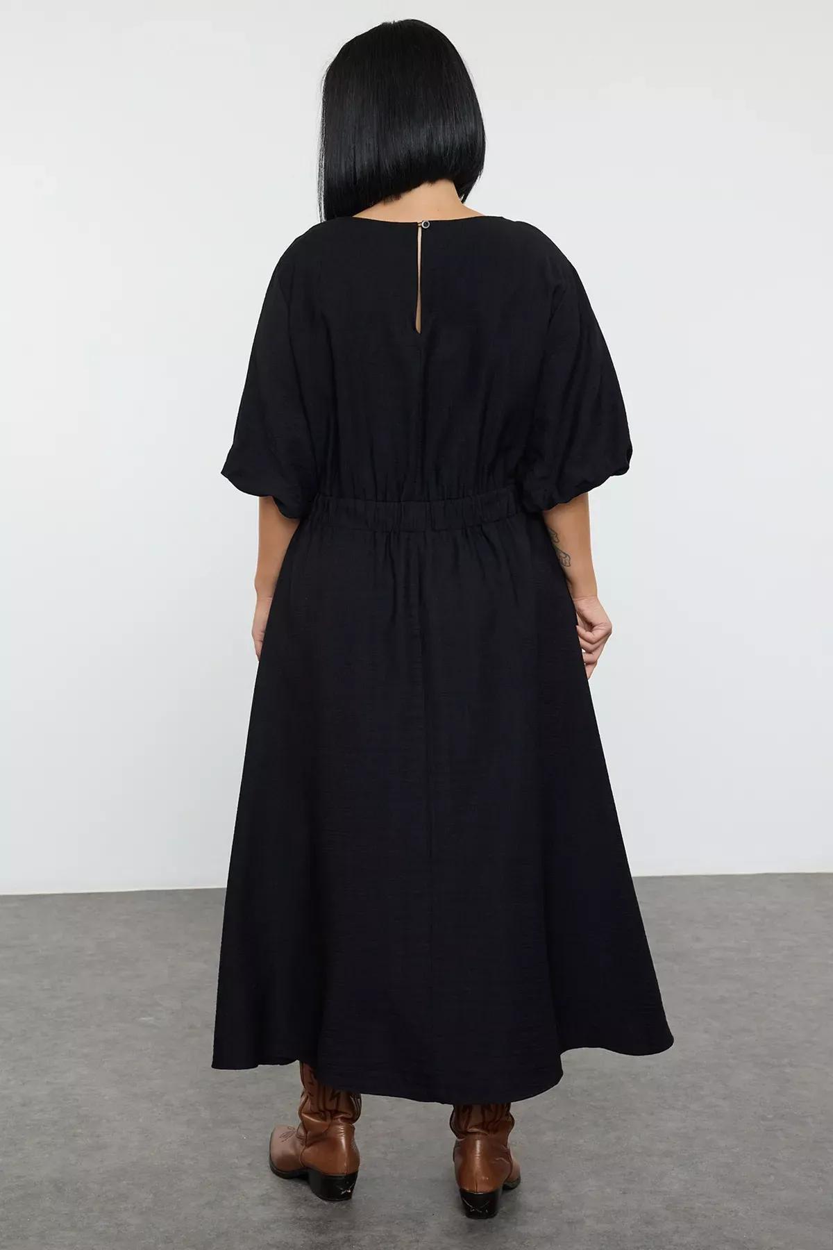 Black Textured Balloon Sleeve Midi Plus-Size Dress, , large image number 4