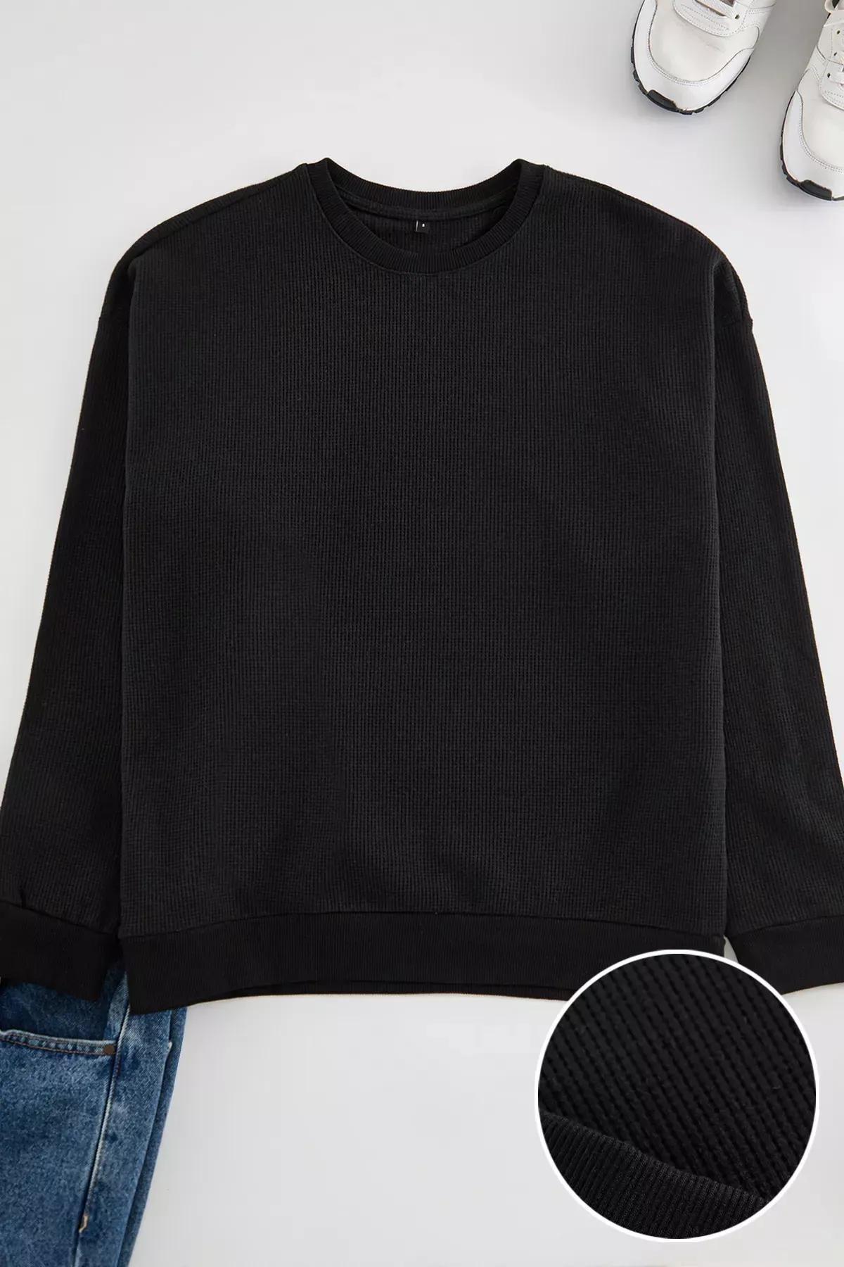 Black Oversize Crew Neck Sweatshirt, BLACK, large image number 1