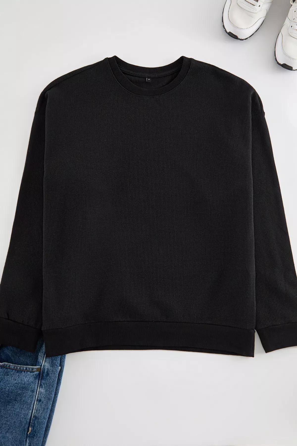 Black Oversize Crew Neck Sweatshirt, BLACK, large image number 2