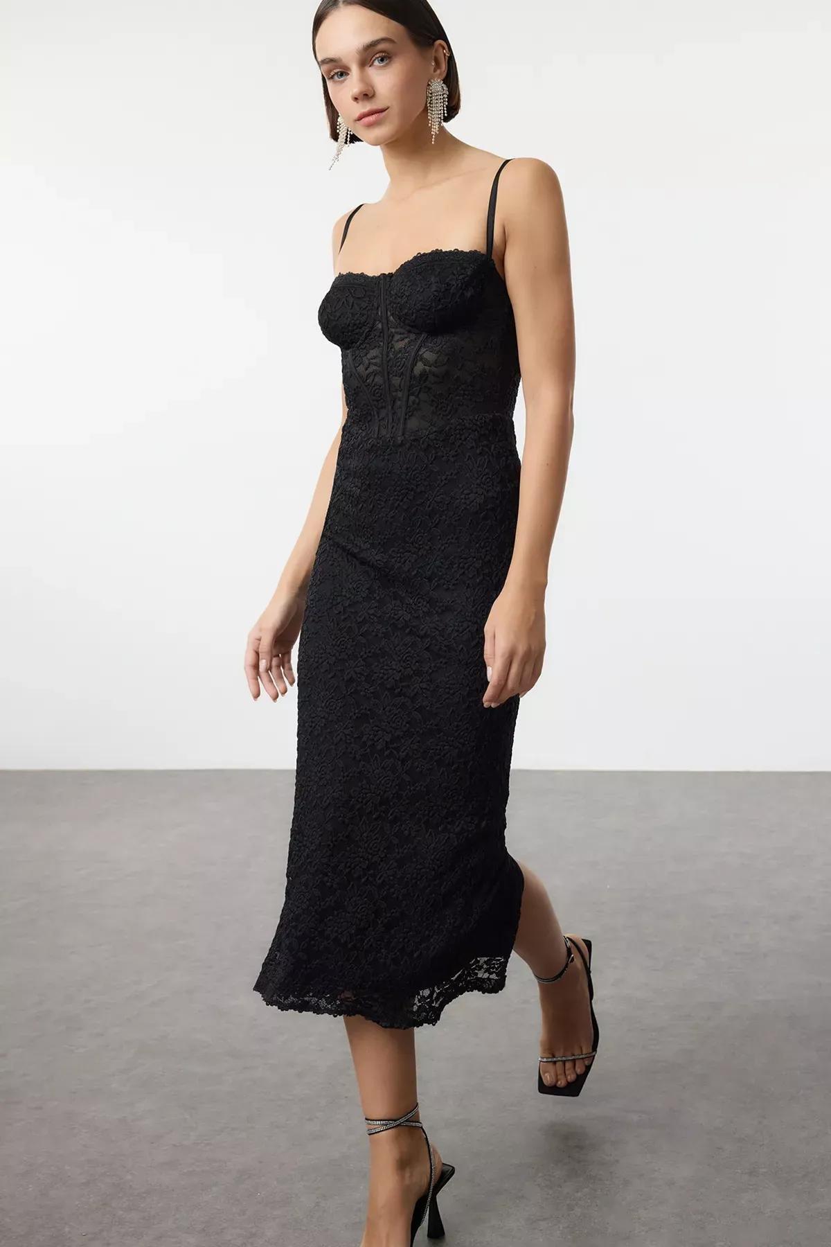 Black Laced Knitted Midi Dress, , large image number 1