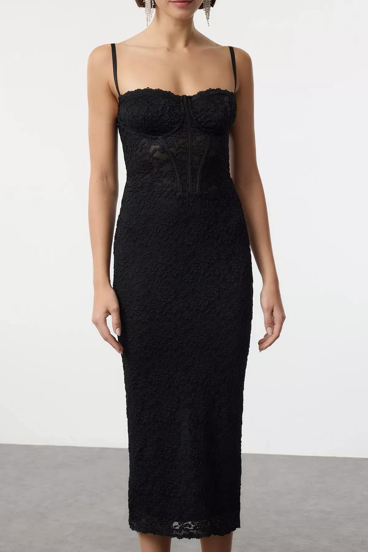 Black Laced Knitted Midi Dress, , large image number 2