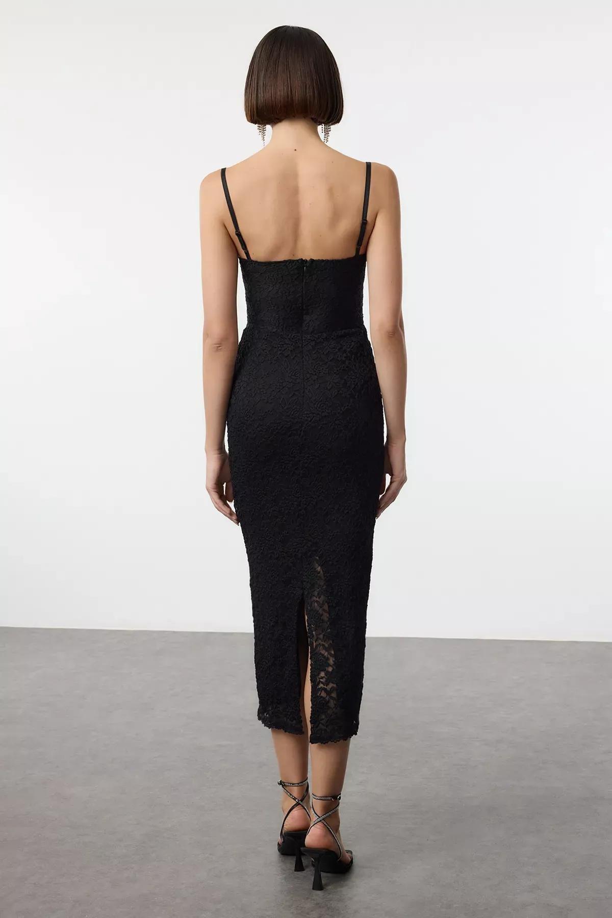 Black Laced Knitted Midi Dress, , large image number 4