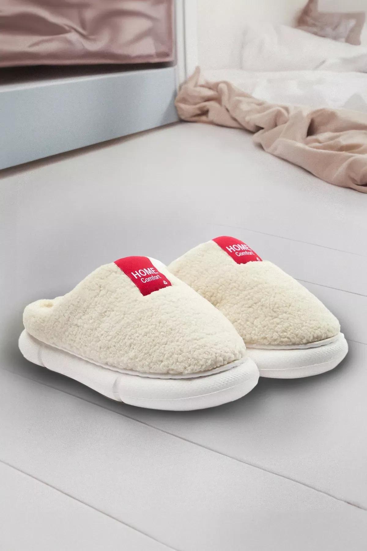 Beige Plush Woven Label Slippers, , large image number 0