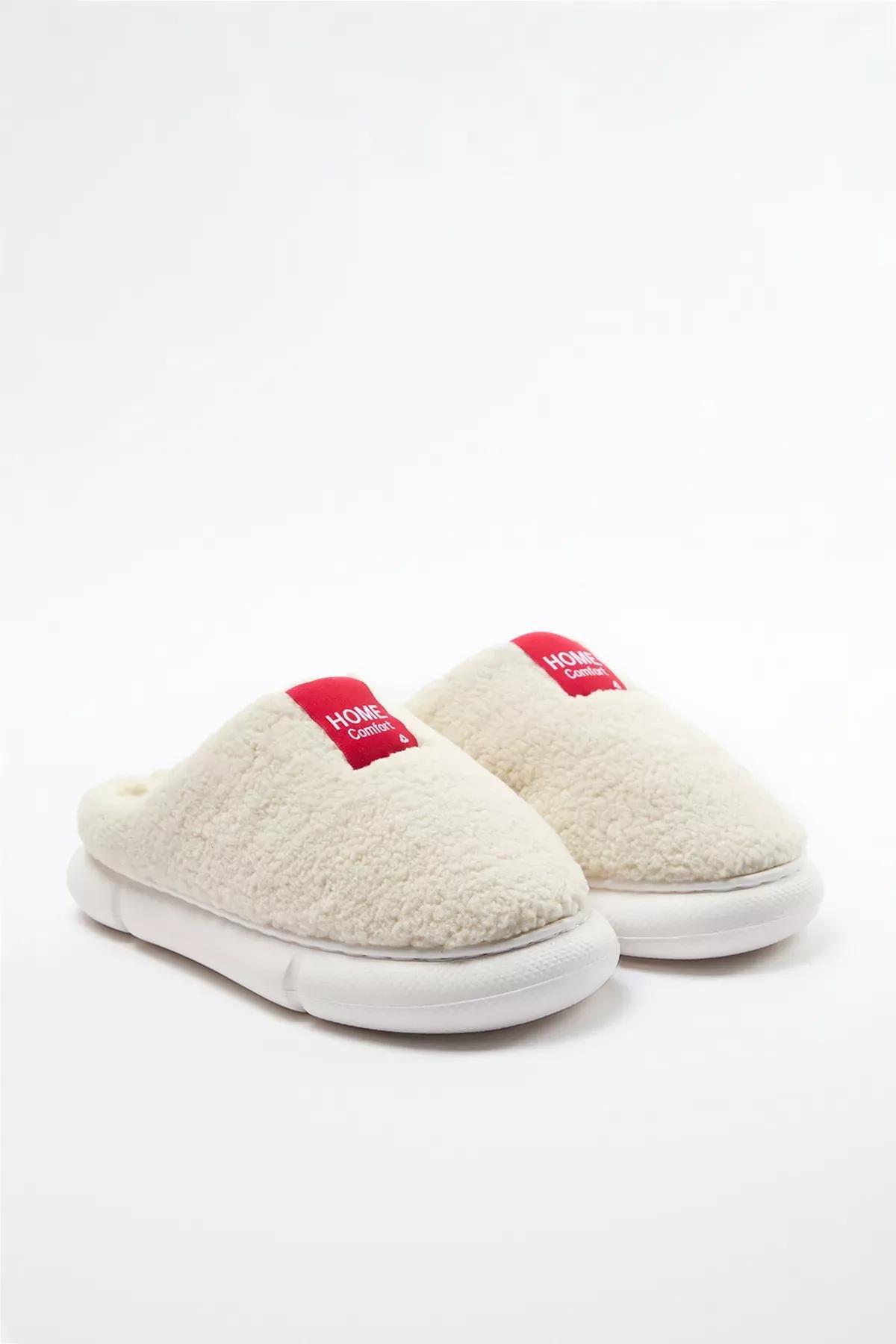 Beige Plush Woven Label Slippers, , large image number 1