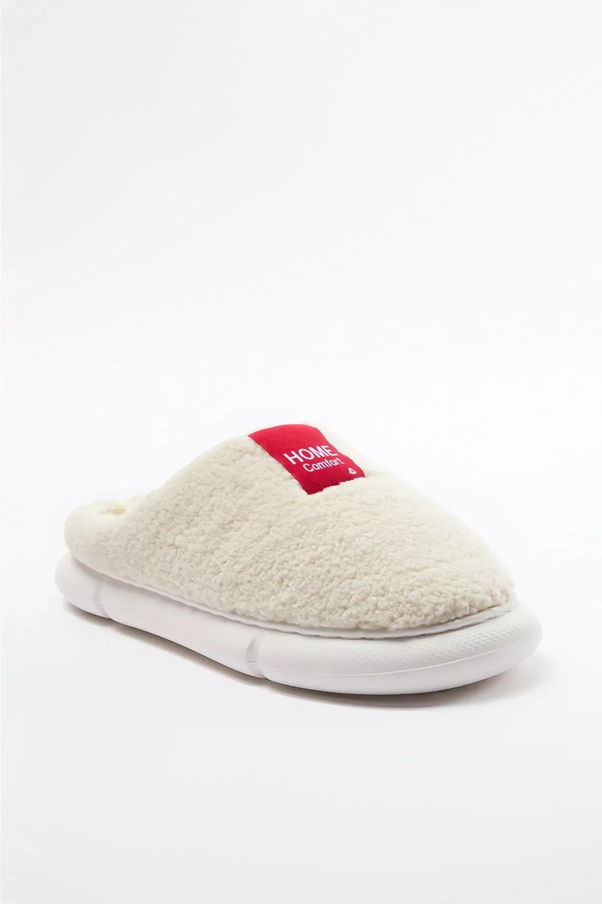 Beige Plush Woven Label Slippers, , large image number 2