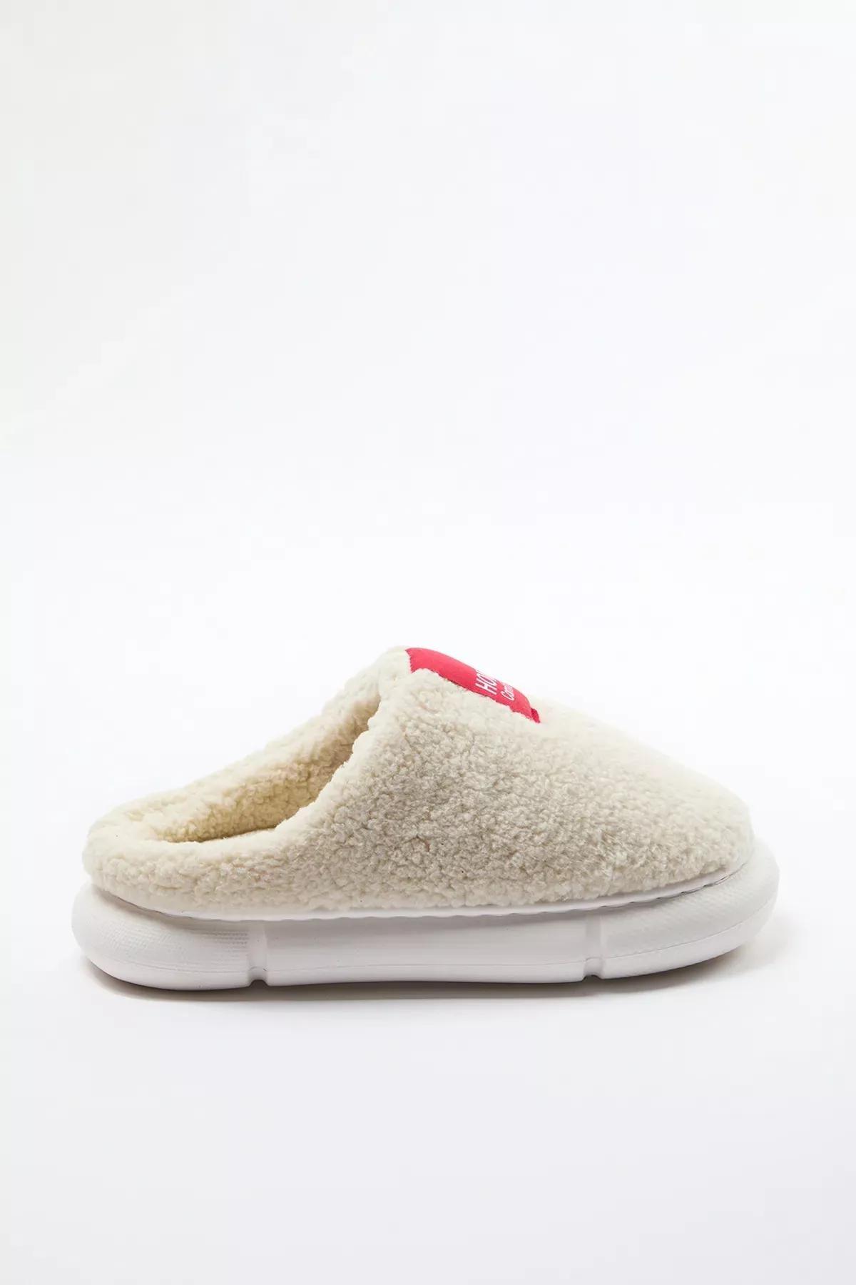 Beige Plush Woven Label Slippers, , large image number 3