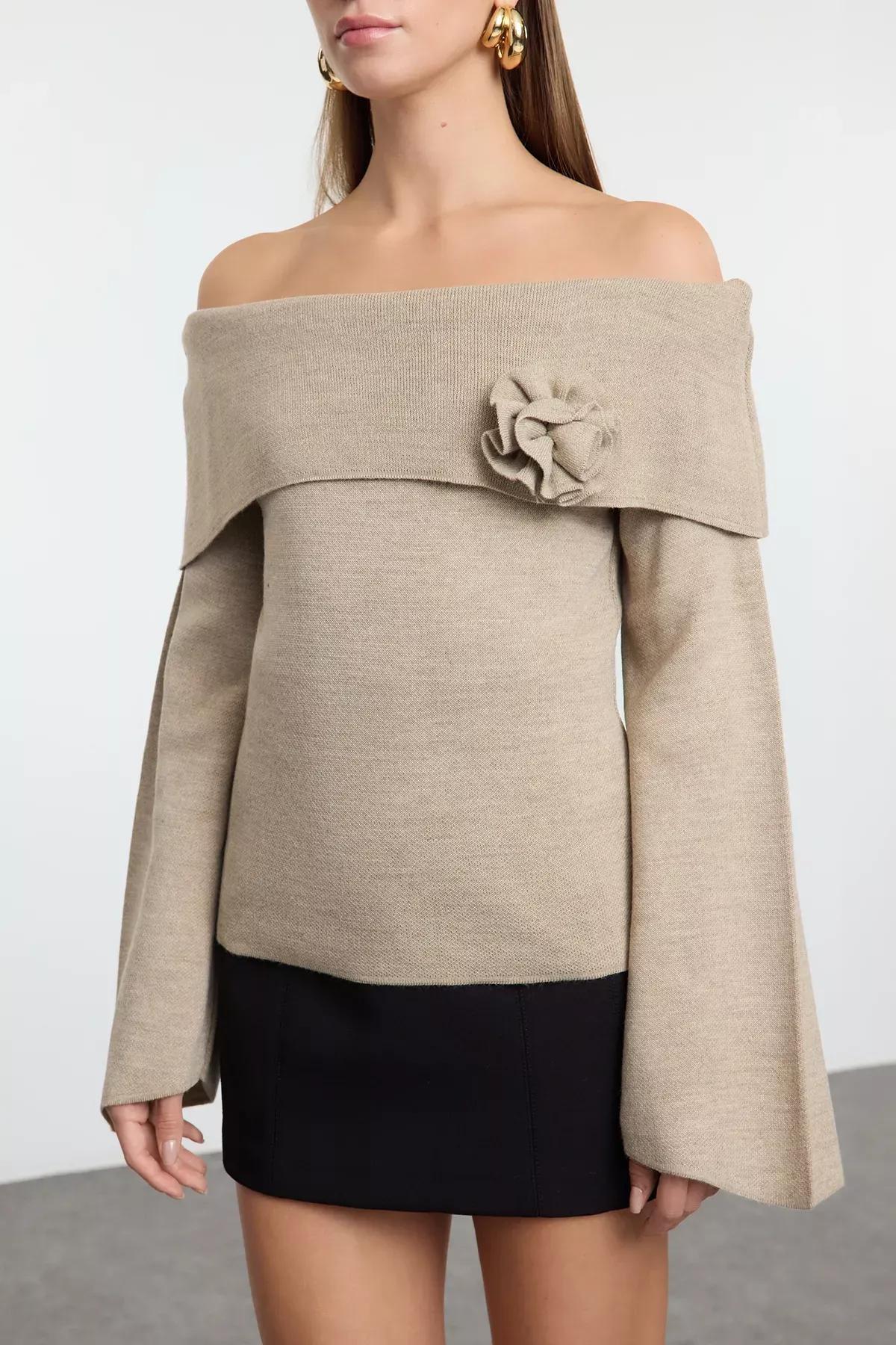 Red Detailed Knitted Sweater, Mink, large image number 2