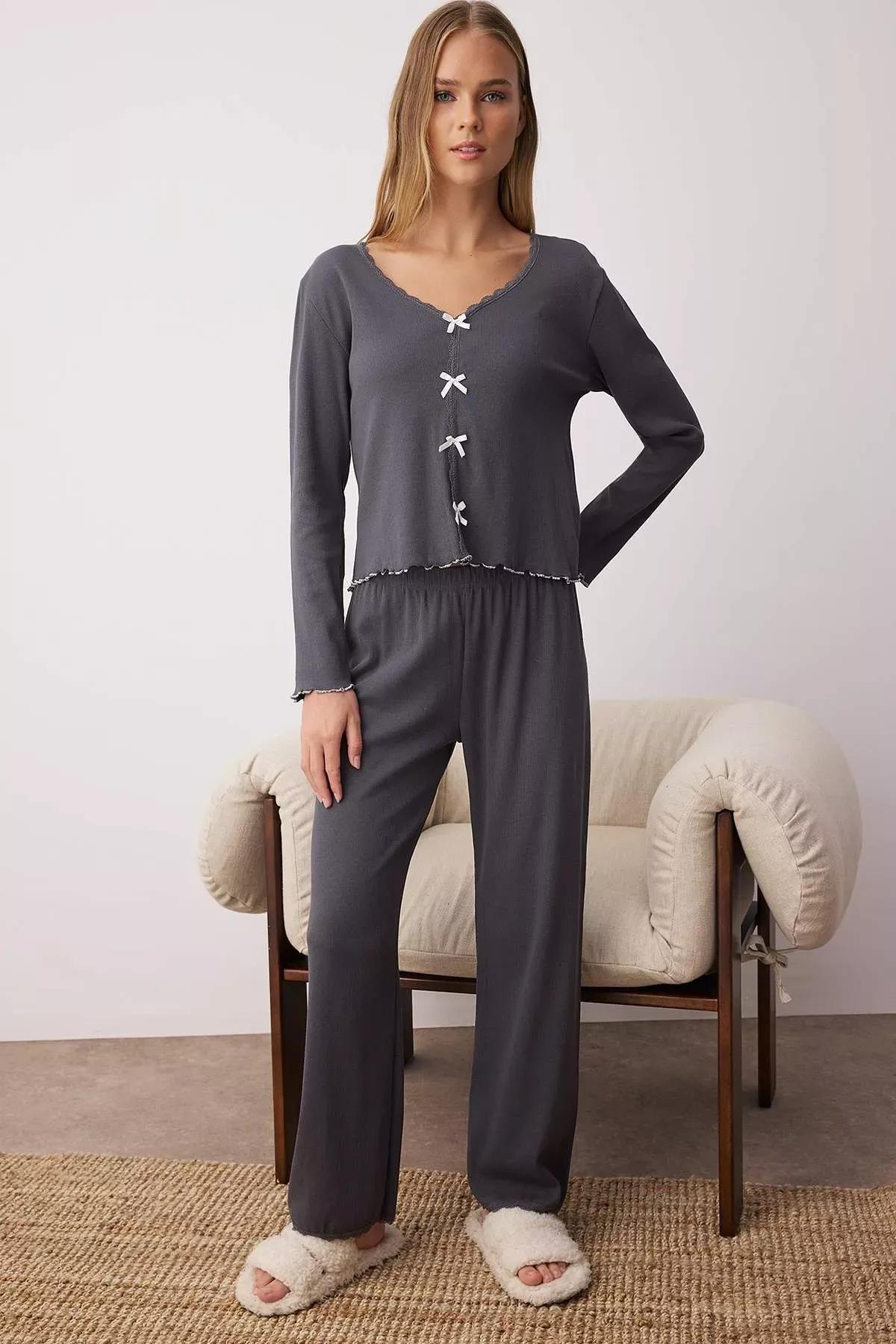 Grey Lace Ribbon Ribbed Pajama Set, Anthracite, medium