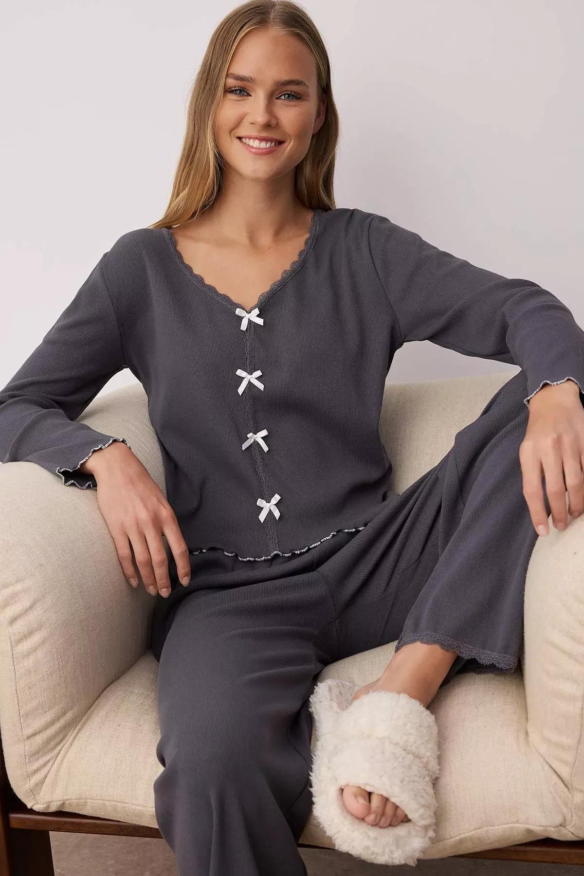 Grey Lace Ribbon Ribbed Pajama Set, Anthracite, medium