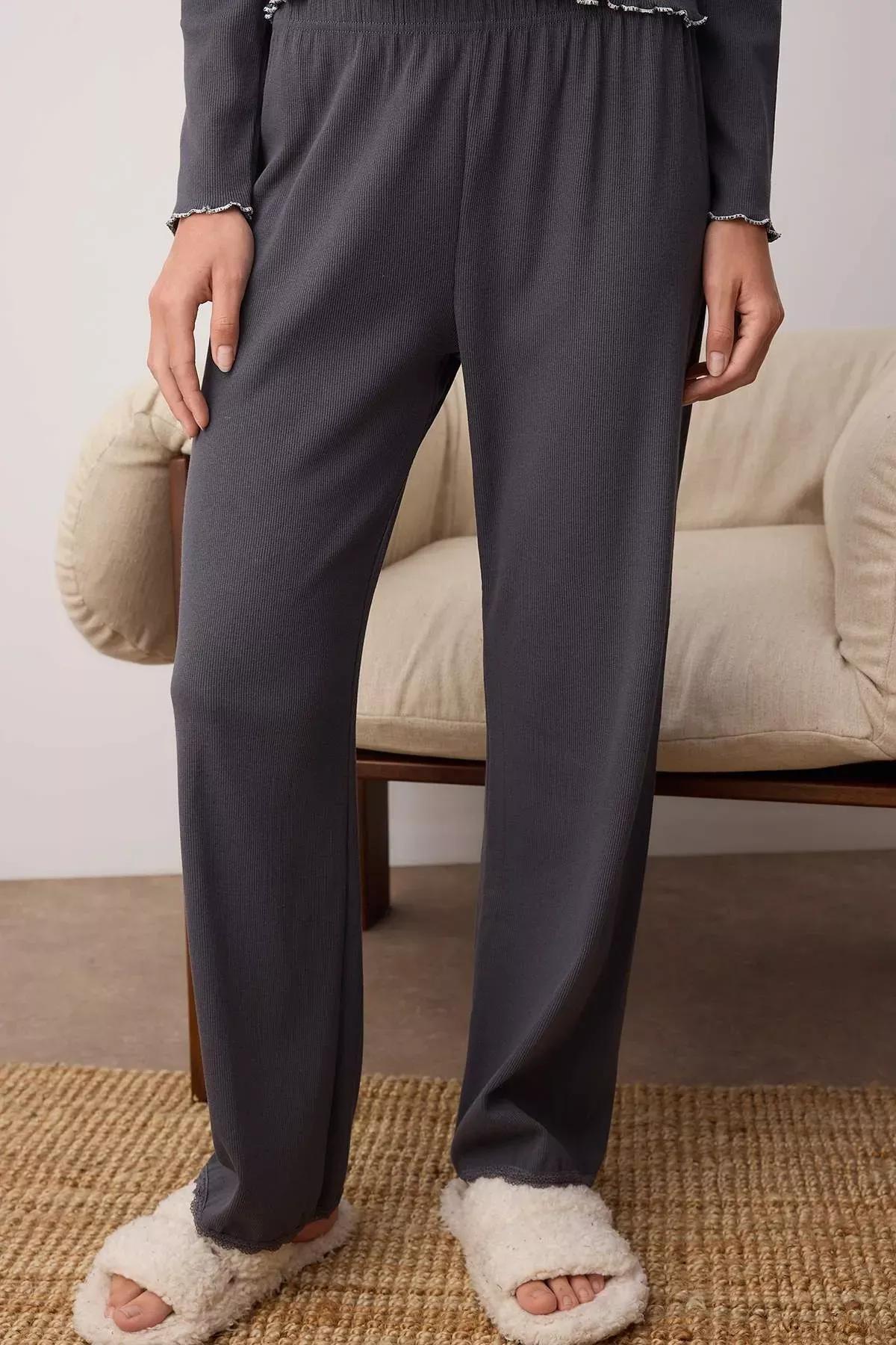 Grey Lace Ribbon Ribbed Pajama Set, Anthracite, medium