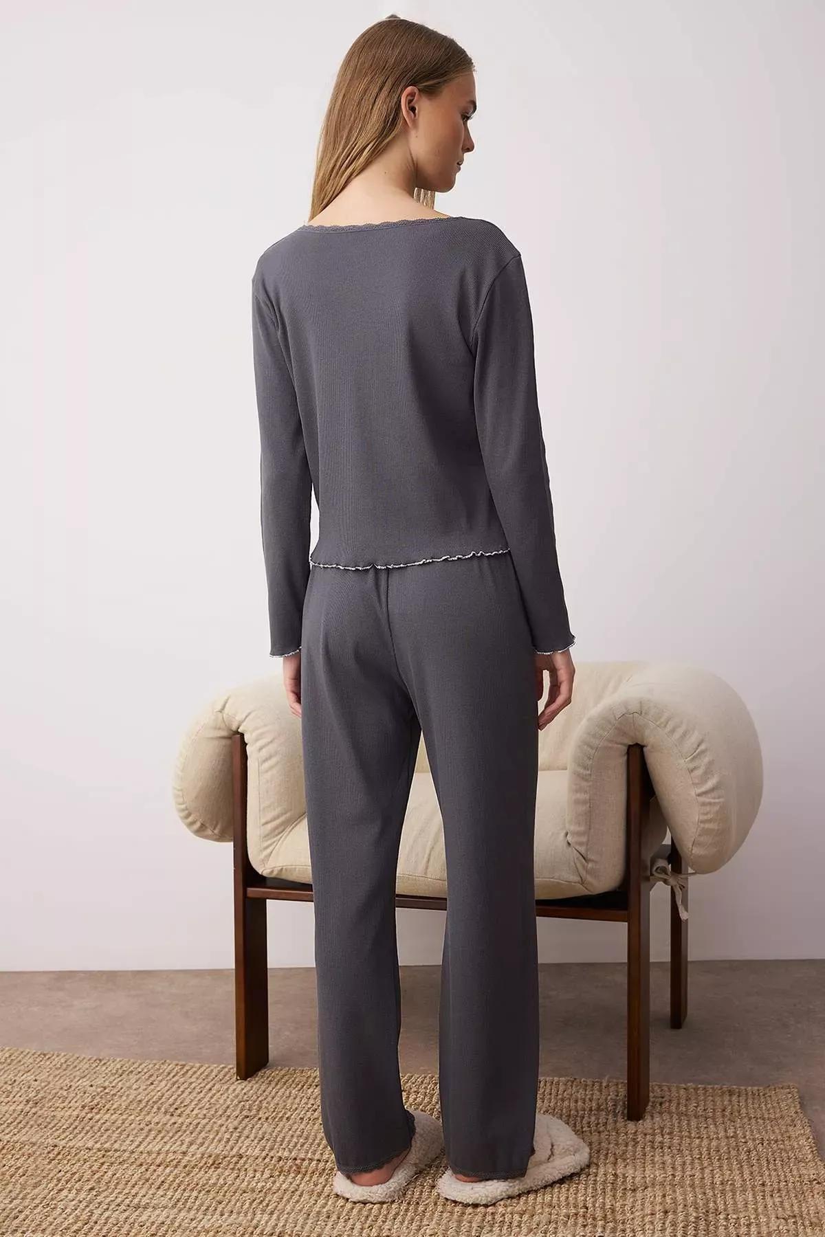 Grey Lace Ribbon Ribbed Pajama Set, Anthracite, large image number 3