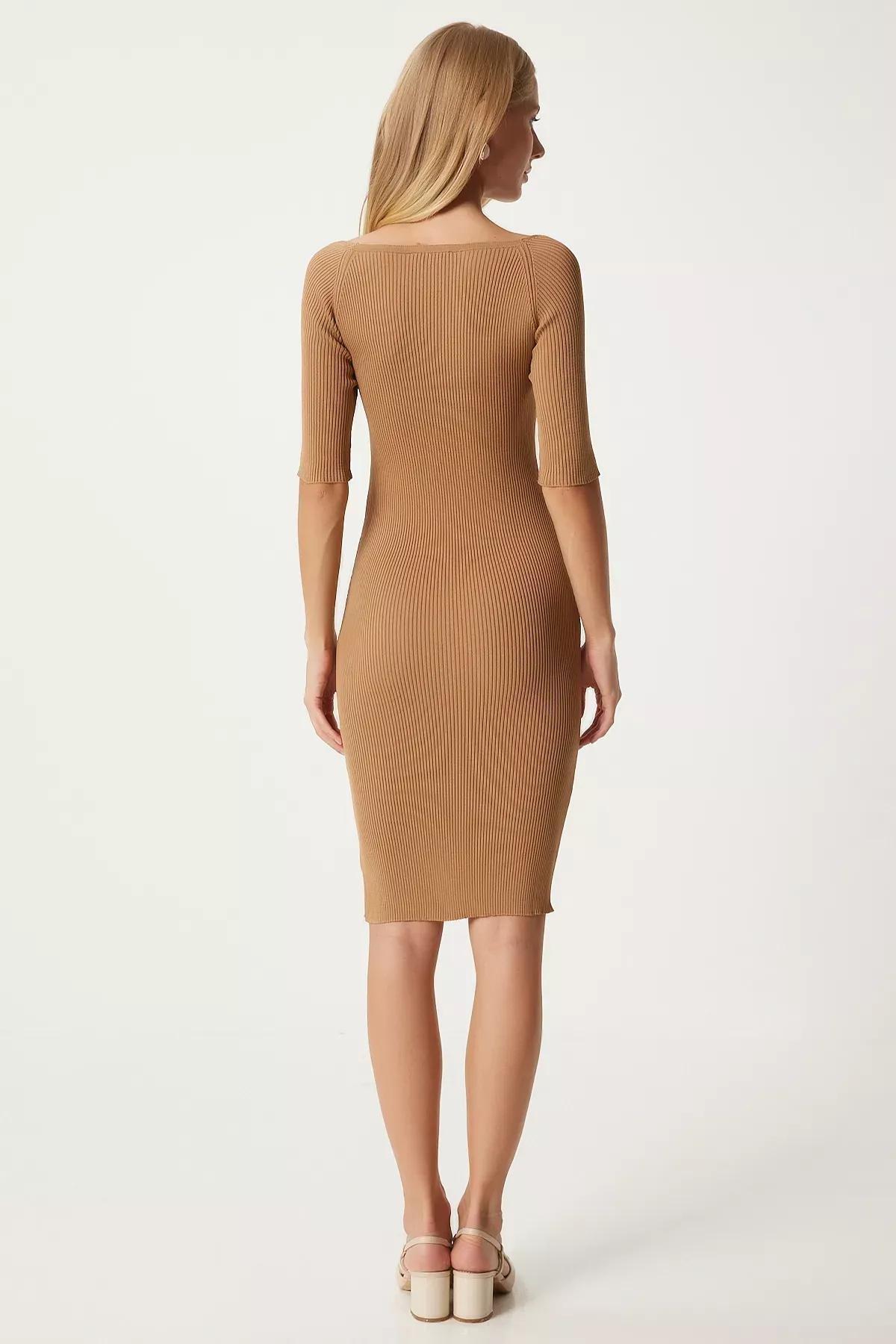 Brown Biscuit Heart Neck Ribbed Wrapped Dress, BISCUIT, large image number 4