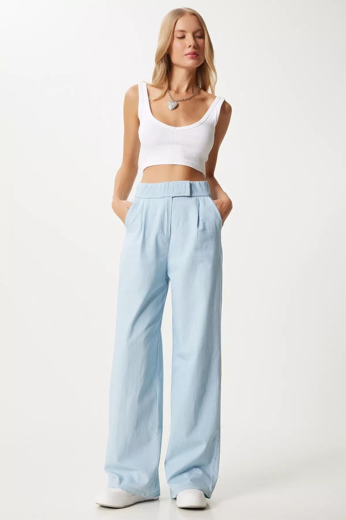 Blue Velcro Palazzo Knit Pants, , large image number 0