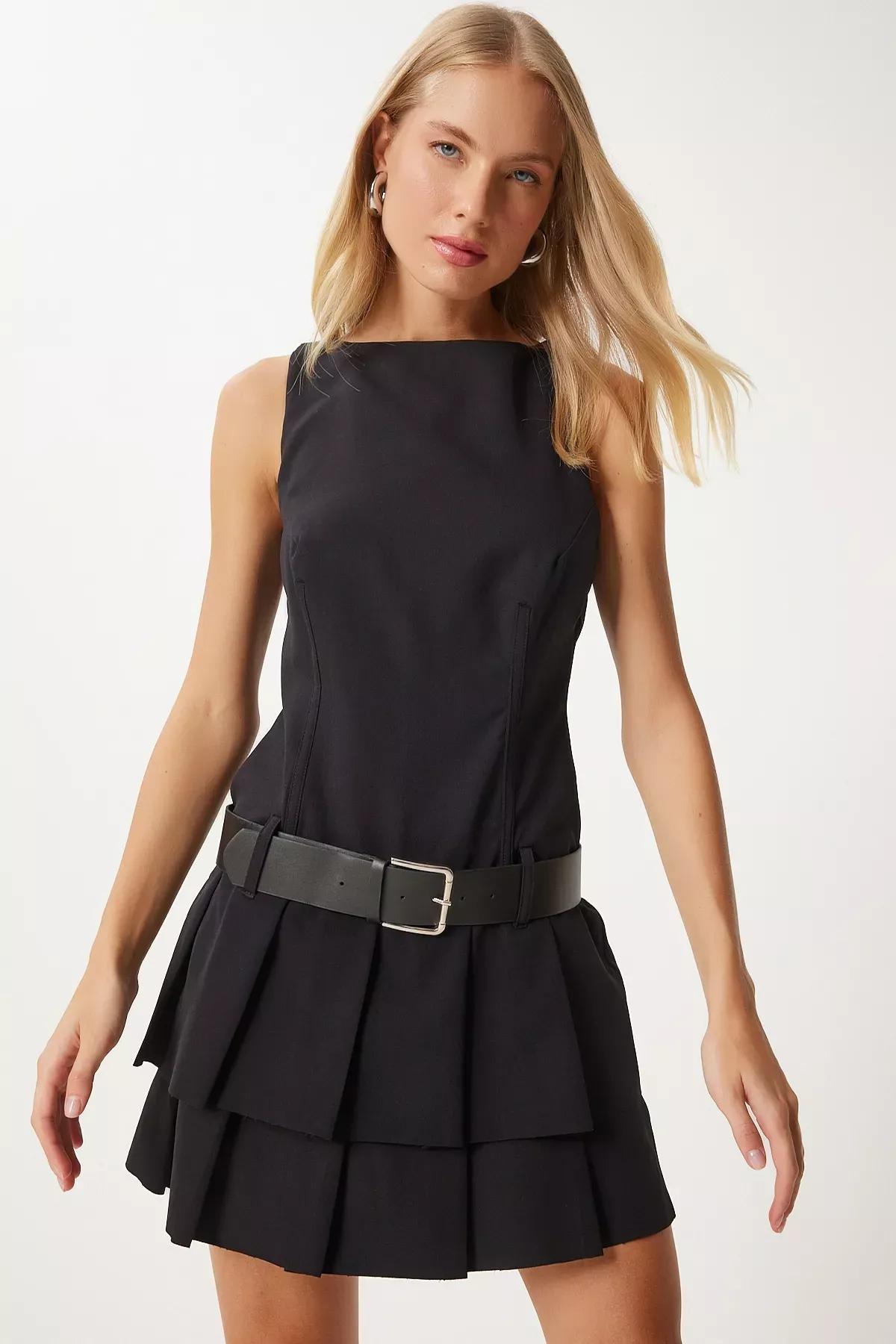 Black Belted Thick Pleated Dress, , large image number 2