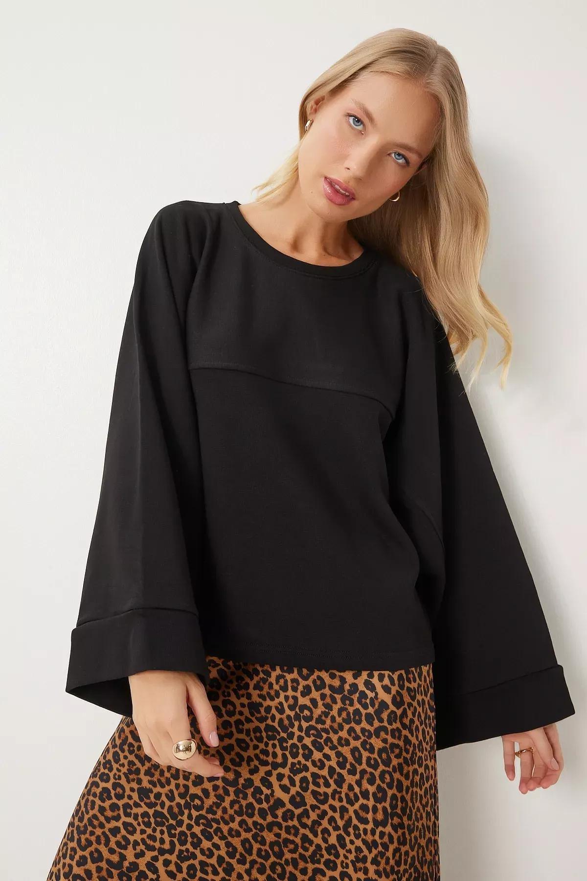 Black Wide Sleeve Oversized Knitted Sweatshirt, , large image number 0