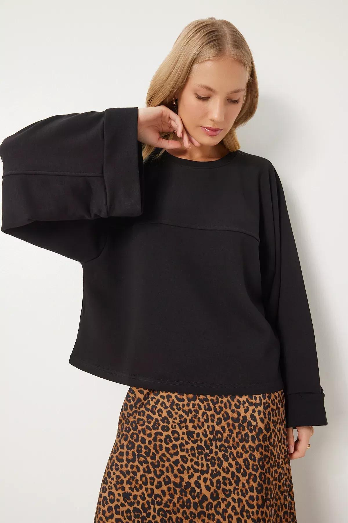 Black Wide Sleeve Oversized Knitted Sweatshirt, , large image number 1
